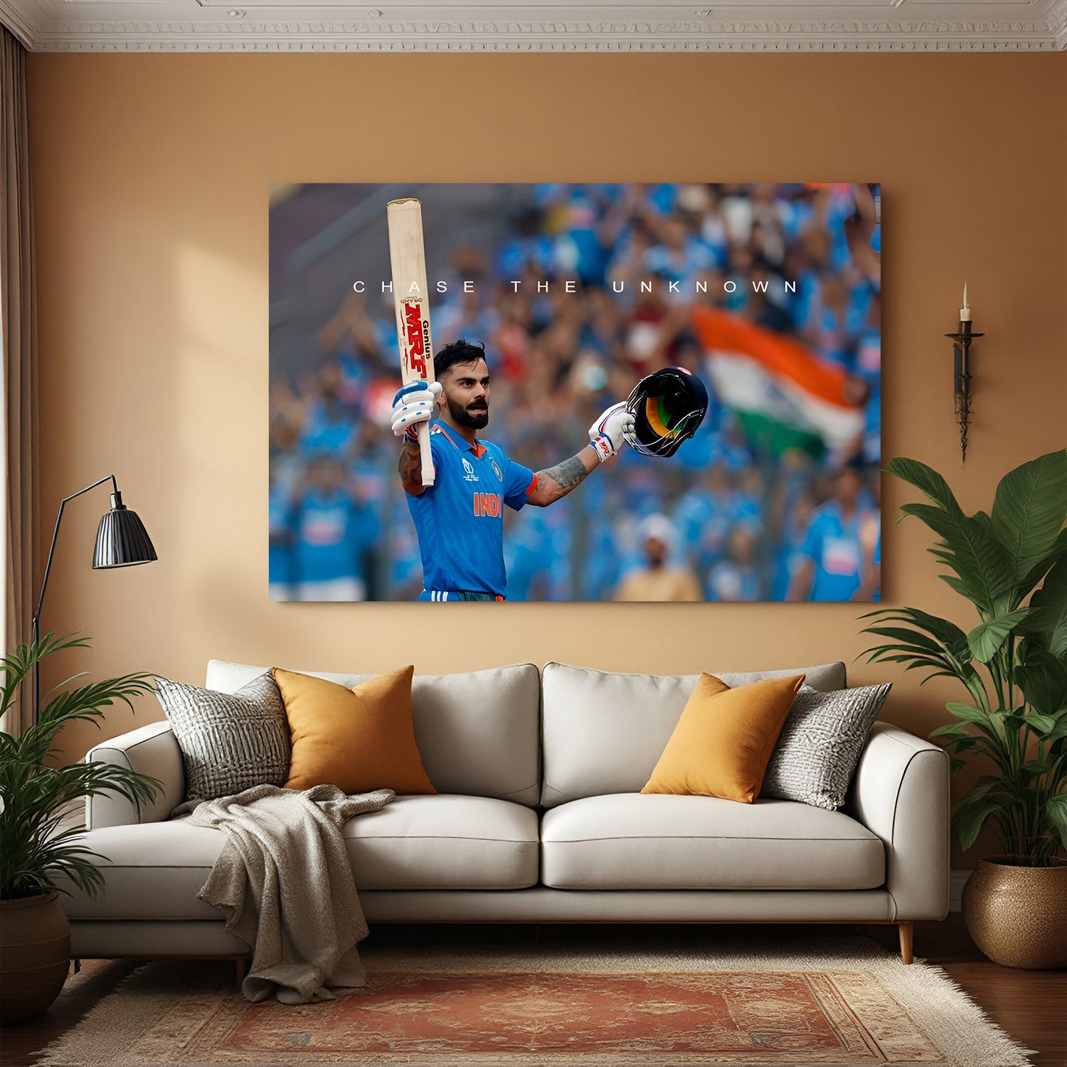 Canvas art of Virat Kohli in stadium with arms spread, bat and helmet in hand, quote: Chase The Unknown