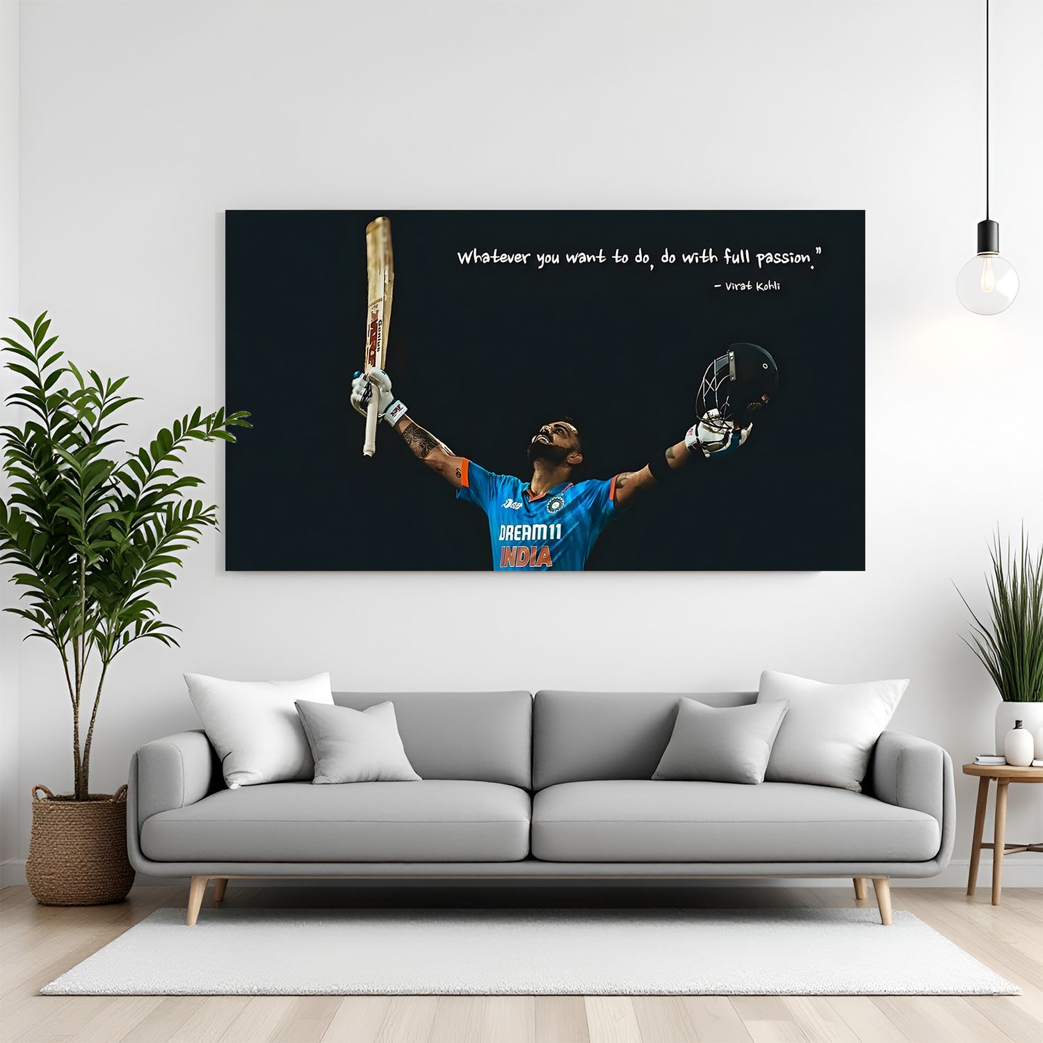 Virat Kohli cricket motivation canvas wall art holding bat and helmet looking at sky with inspirational quote