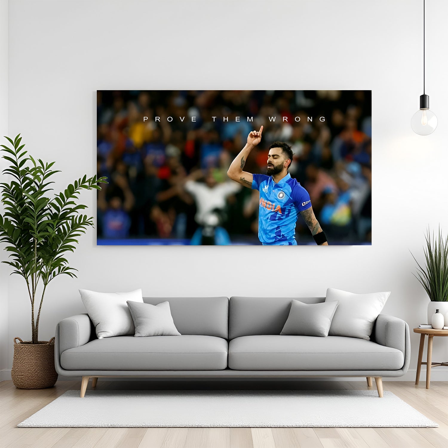 Canvas wall art of Virat Kohli pointing finger upward in stadium with Prove Them Wrong text