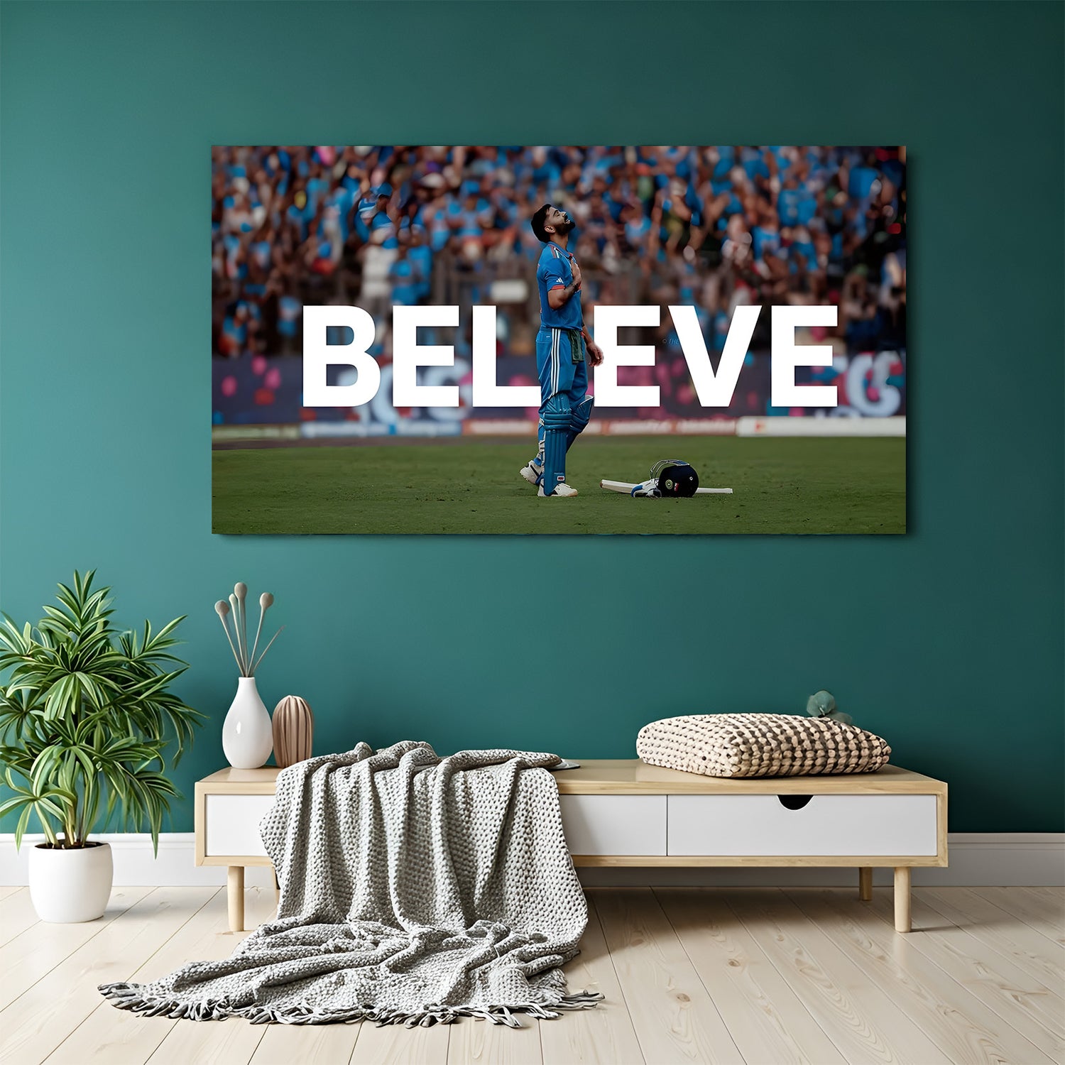 Virat Kohli prayer motivation canvas wall art with believe text inspirational cricket artwork sky background