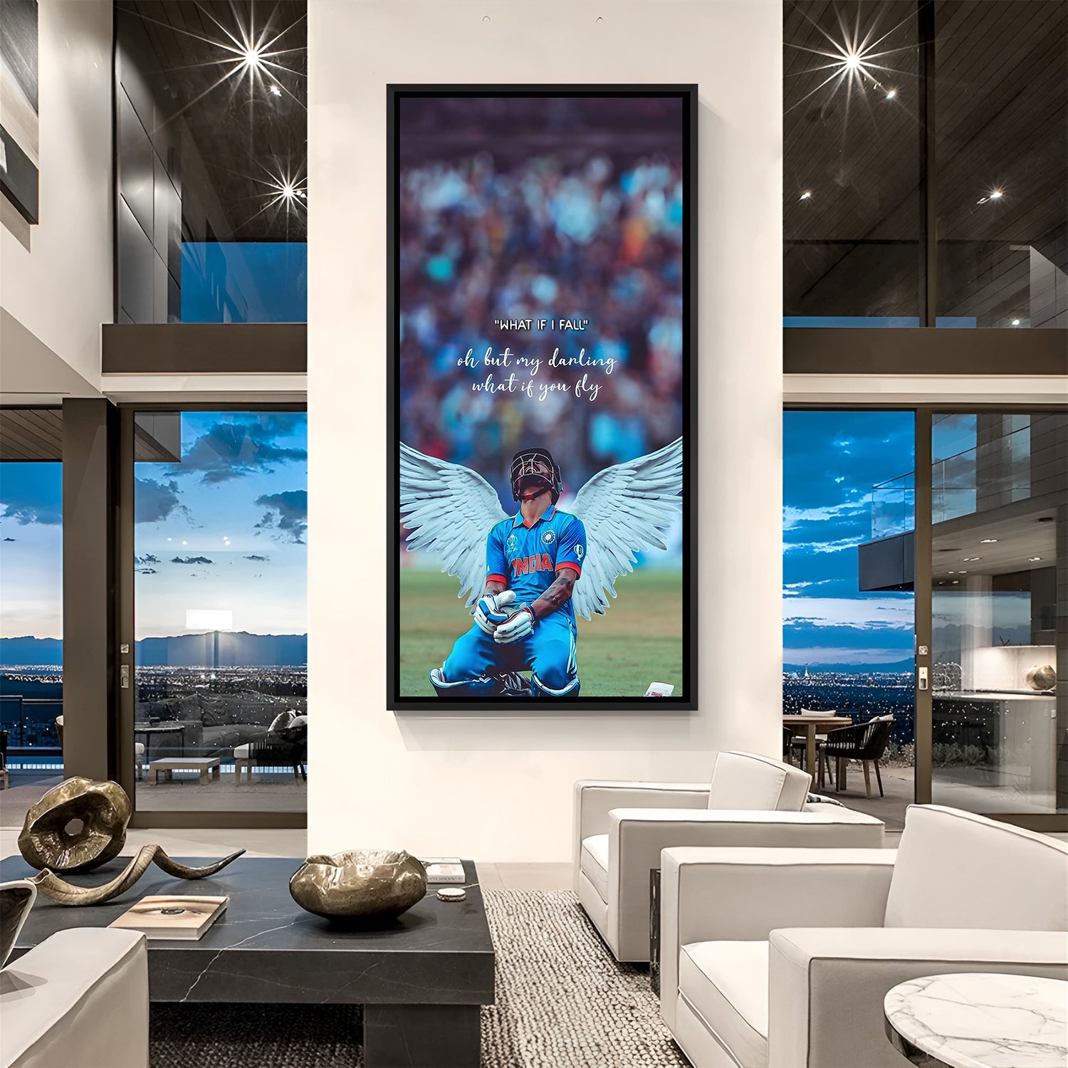 Virat Kohli motivational wings artwork in black floater frame modern inspirational sports canvas decor