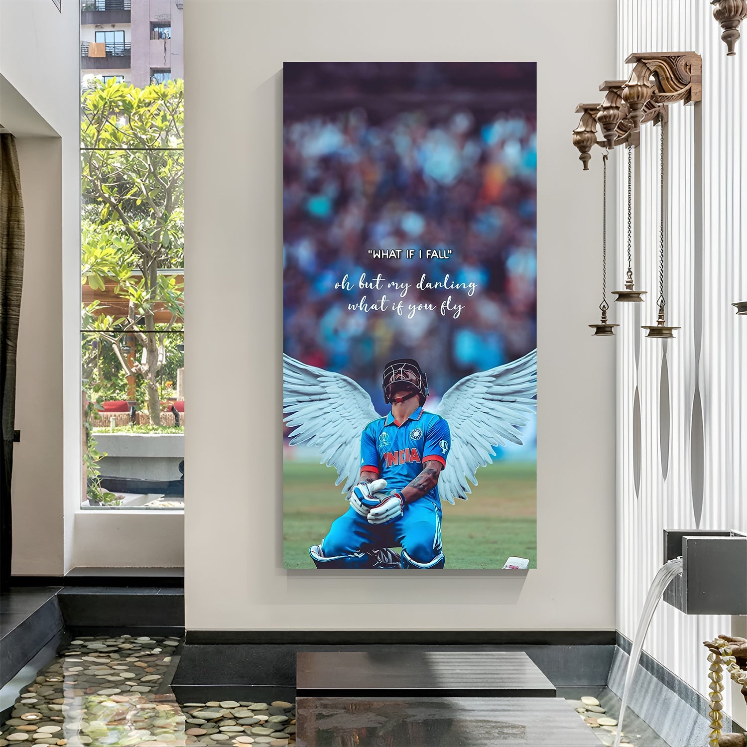 Virat Kohli wings cricket motivation canvas wall art sitting with inspirational what if I fly quote sports decor