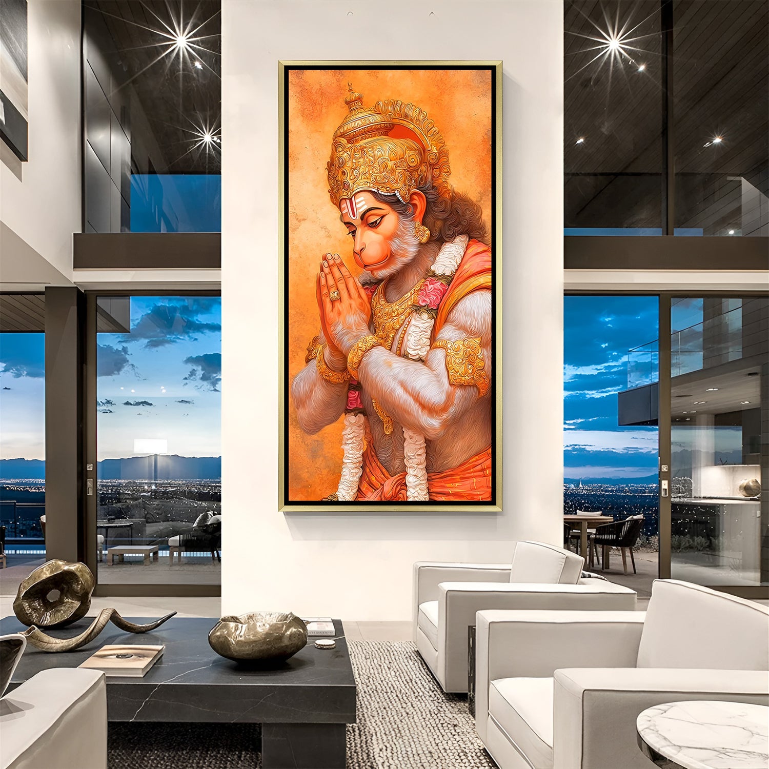 Vow of Devotion Hanuman artwork in luxury golden floater frame featuring side-profile divine portrait