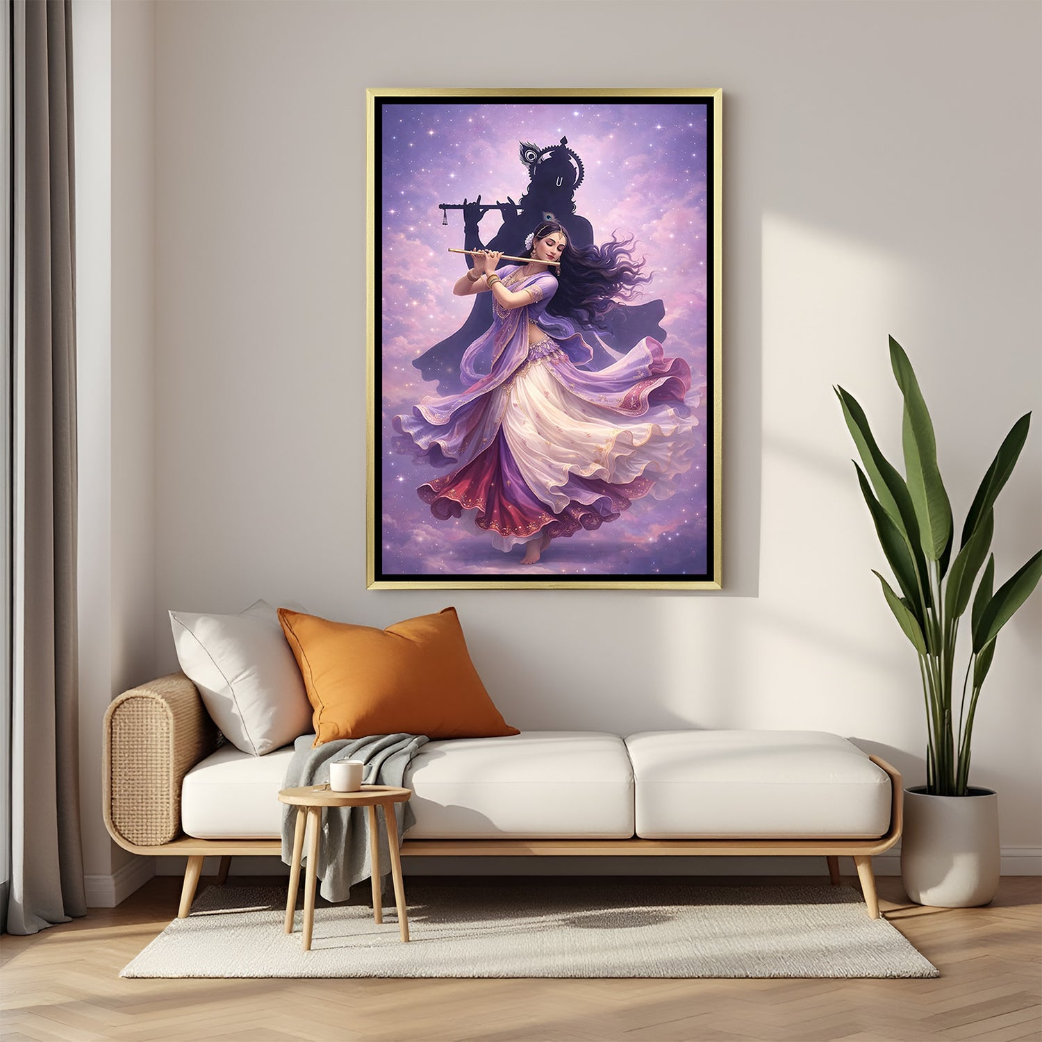 Radha Krishna devotional artwork with flute and peacock feather in luxurious golden floater frame