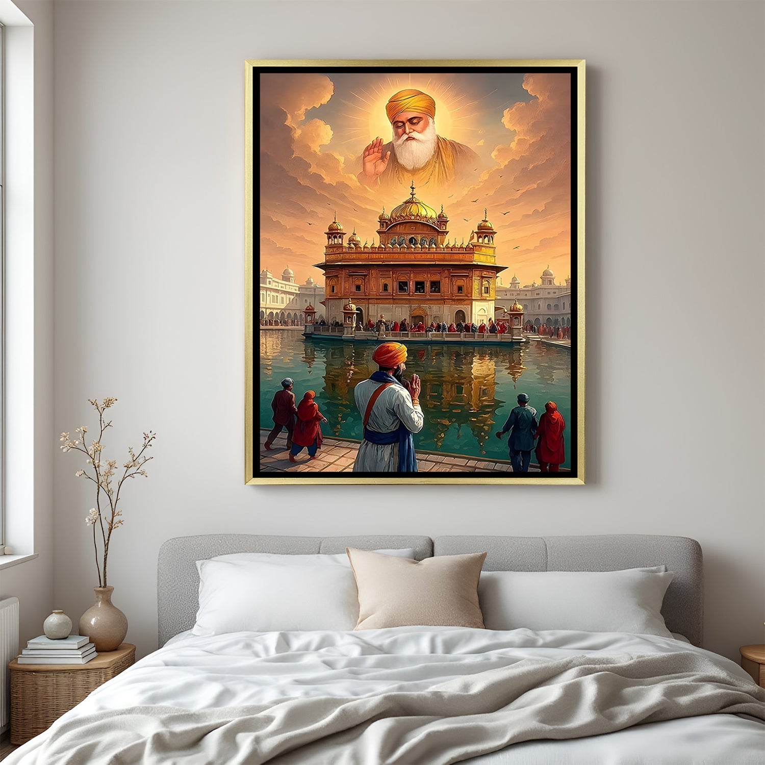 Waheguru and Golden Temple artwork with clouds and worshippers in luxury golden floater frame