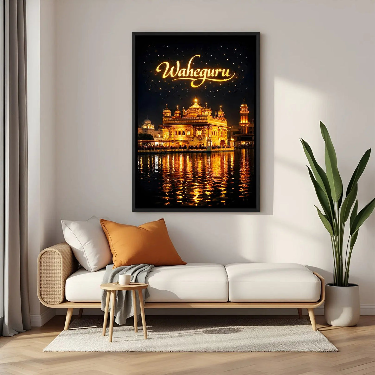 Golden Temple at night with Waheguru text at the top in elegant black floater frame