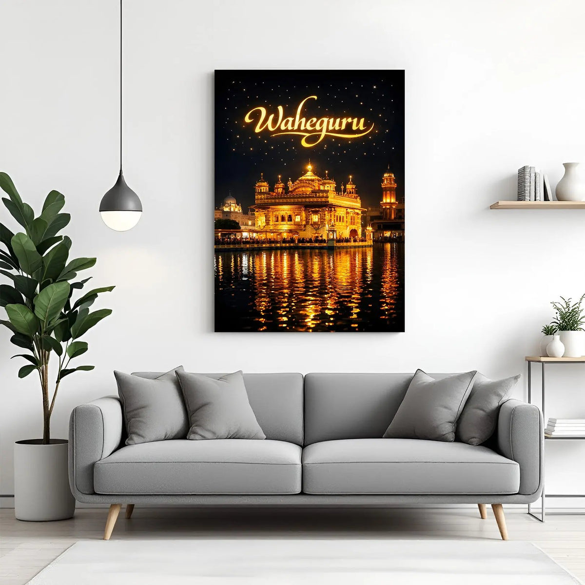 Waheguru Golden Temple night canvas wall art in premium canvas wrapped frame with glowing temple and sacred inscription