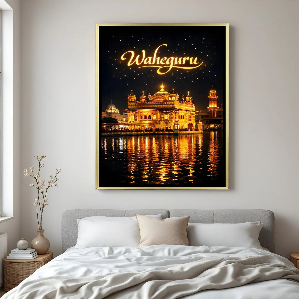 Waheguru Golden Temple nighttime artwork in luxury golden floater frame featuring radiant spiritual illumination
