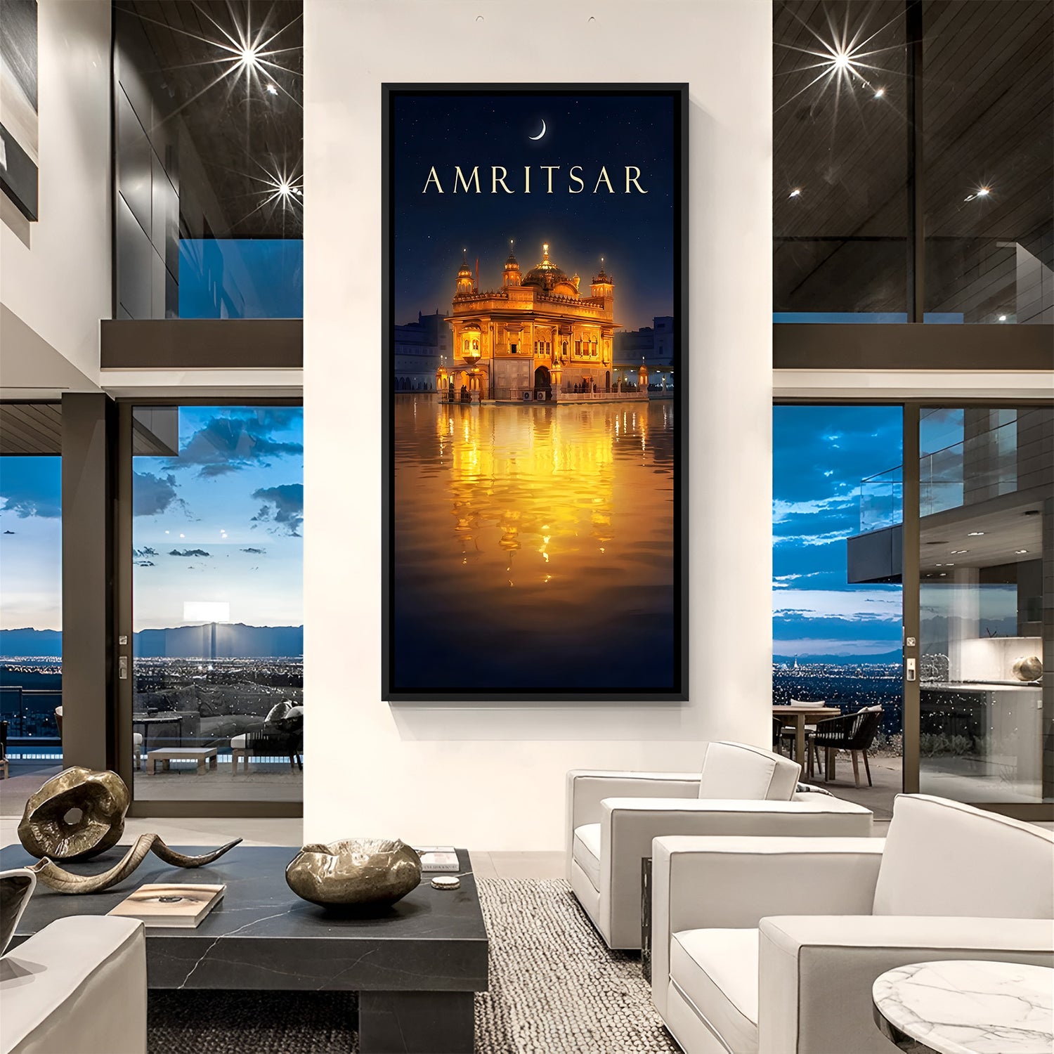 Golden Temple at night with Waheguru text wall art in elegant black floater frame