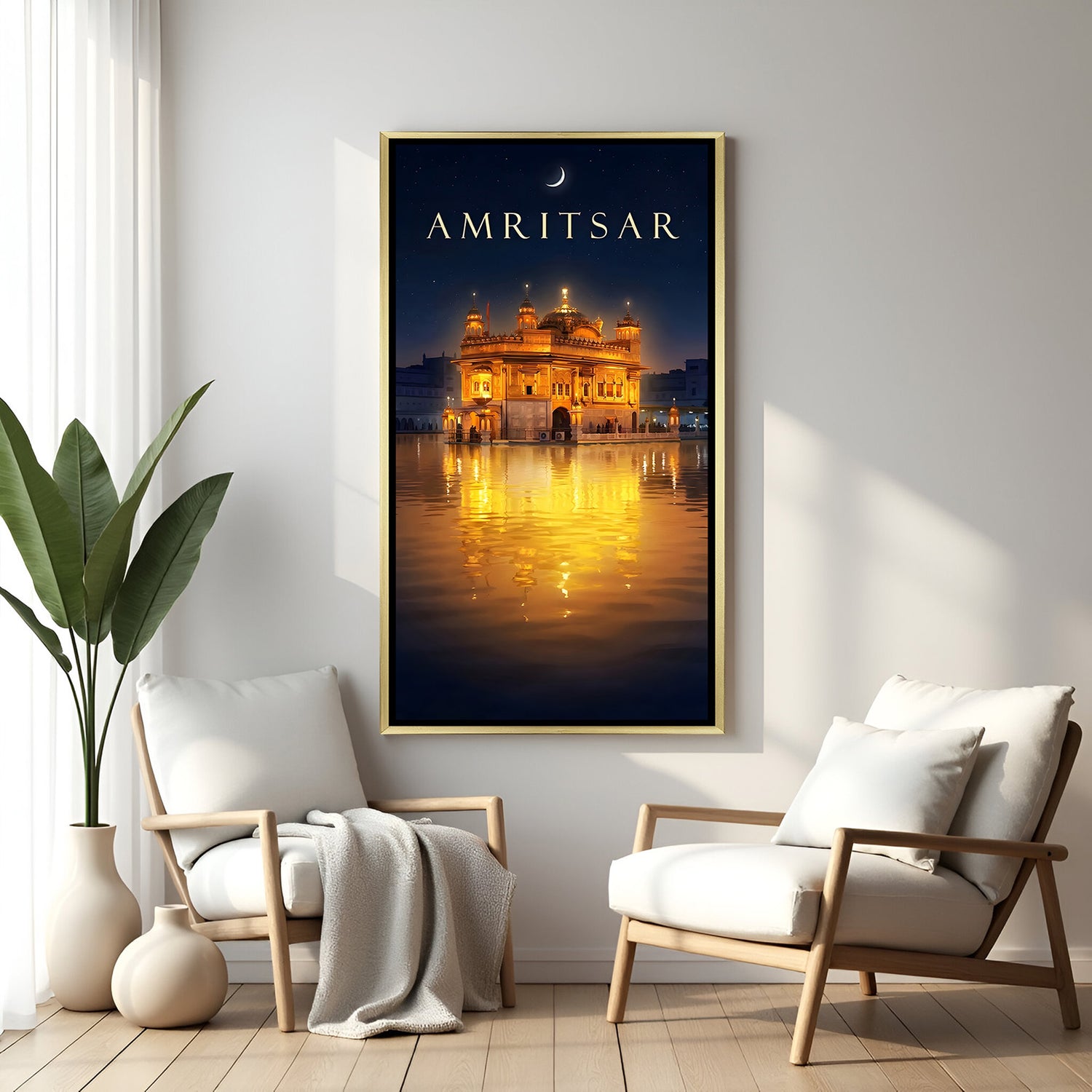 Golden Temple night artwork with Waheguru inscription in luxury golden floater frame