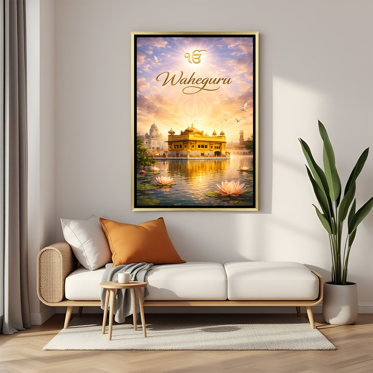 Waheguru Golden Temple artwork with blooming lotus flowers and peaceful river in luxury golden floater frame