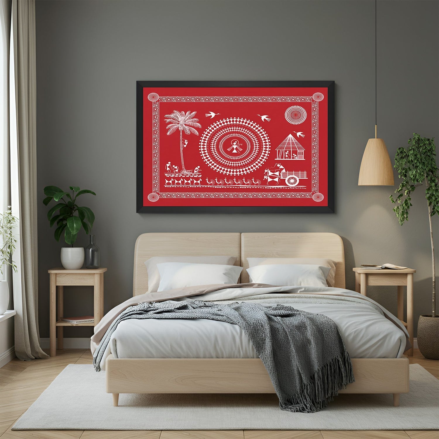 Warli tribal painting in black floater frame for Indian-inspired home and modern office spaces