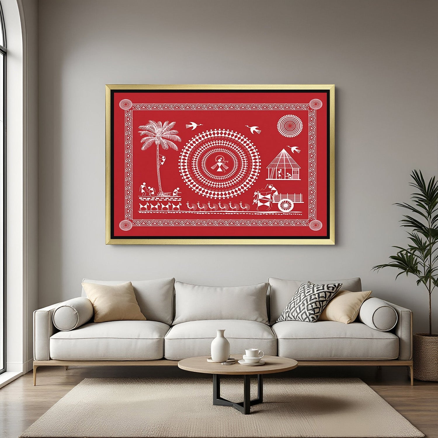 Golden floater Warli canvas art showcasing tribal village scenes for Indian wall decoration