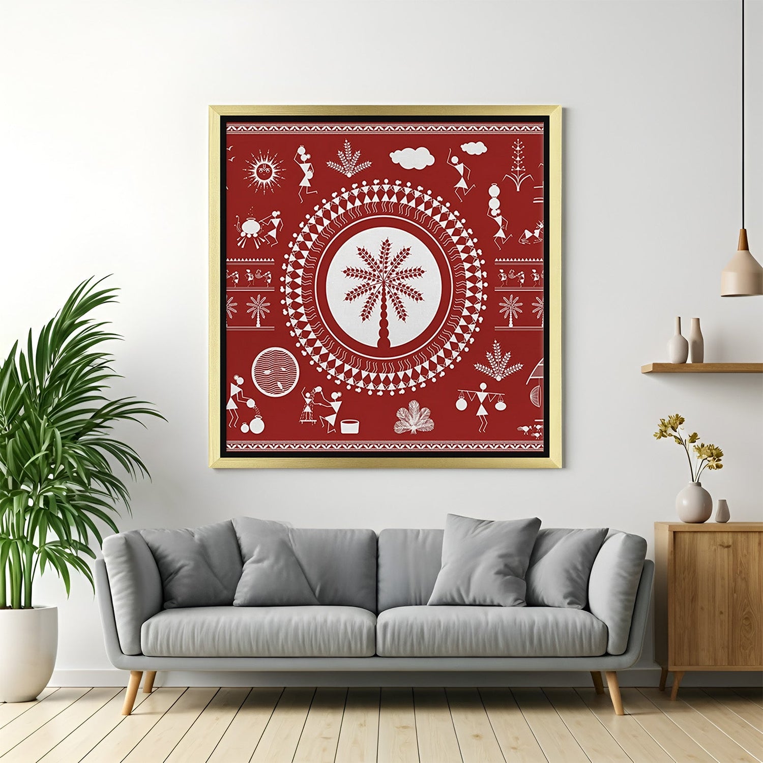 Golden floater frame Warli canvas painting featuring Indian tribal motifs for ethnic and artistic wall decoration