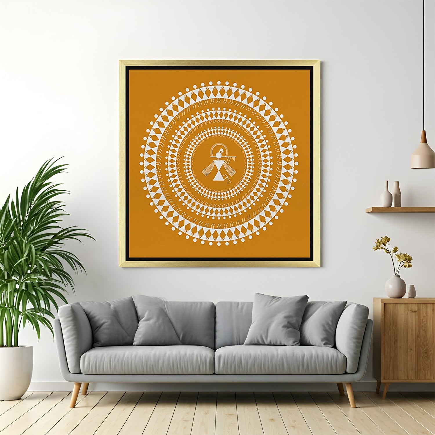 Golden floater frame Warli large canvas art with tribal Indian patterns for stylish interior wall decoration