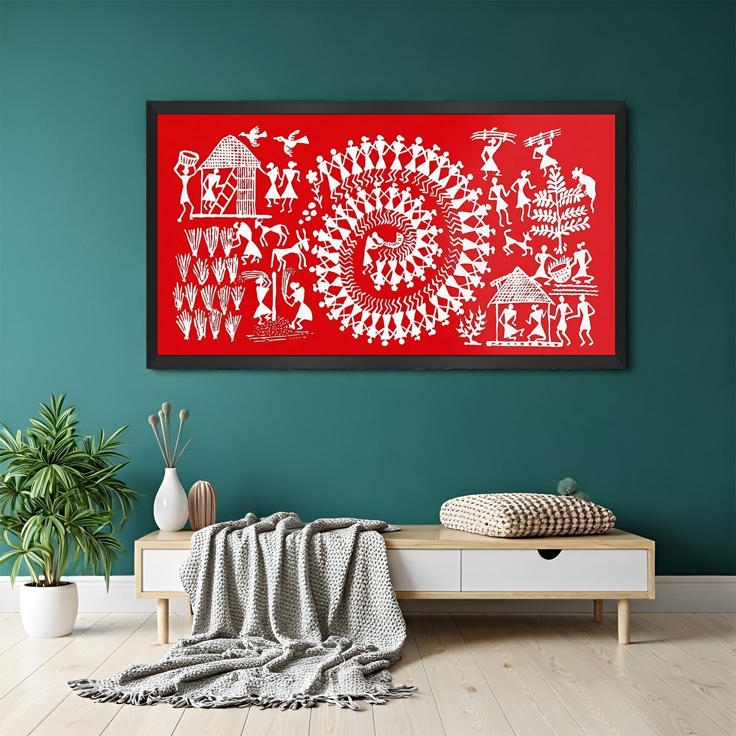 Warli tribal canvas artwork in black floater frame for ethnic and rustic Indian wall decoration