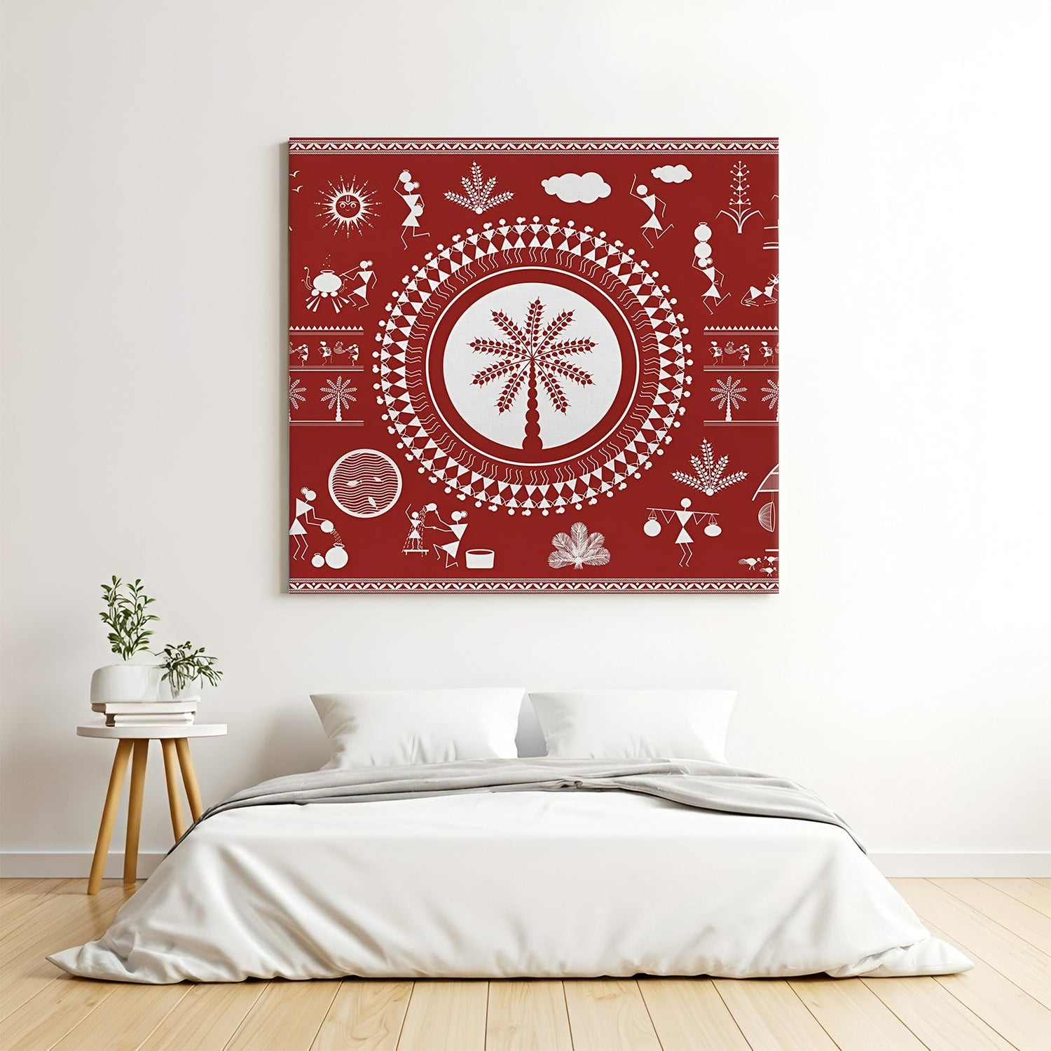 Warli tribal canvas wall art with traditional Indian patterns and earthy tones for ethnic and cultural home decor