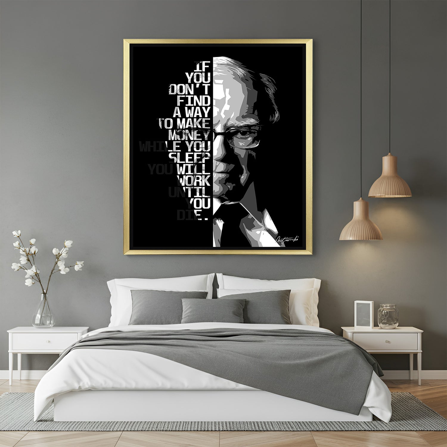 Warren Buffett motivational quote canvas wall art with golden floater frame