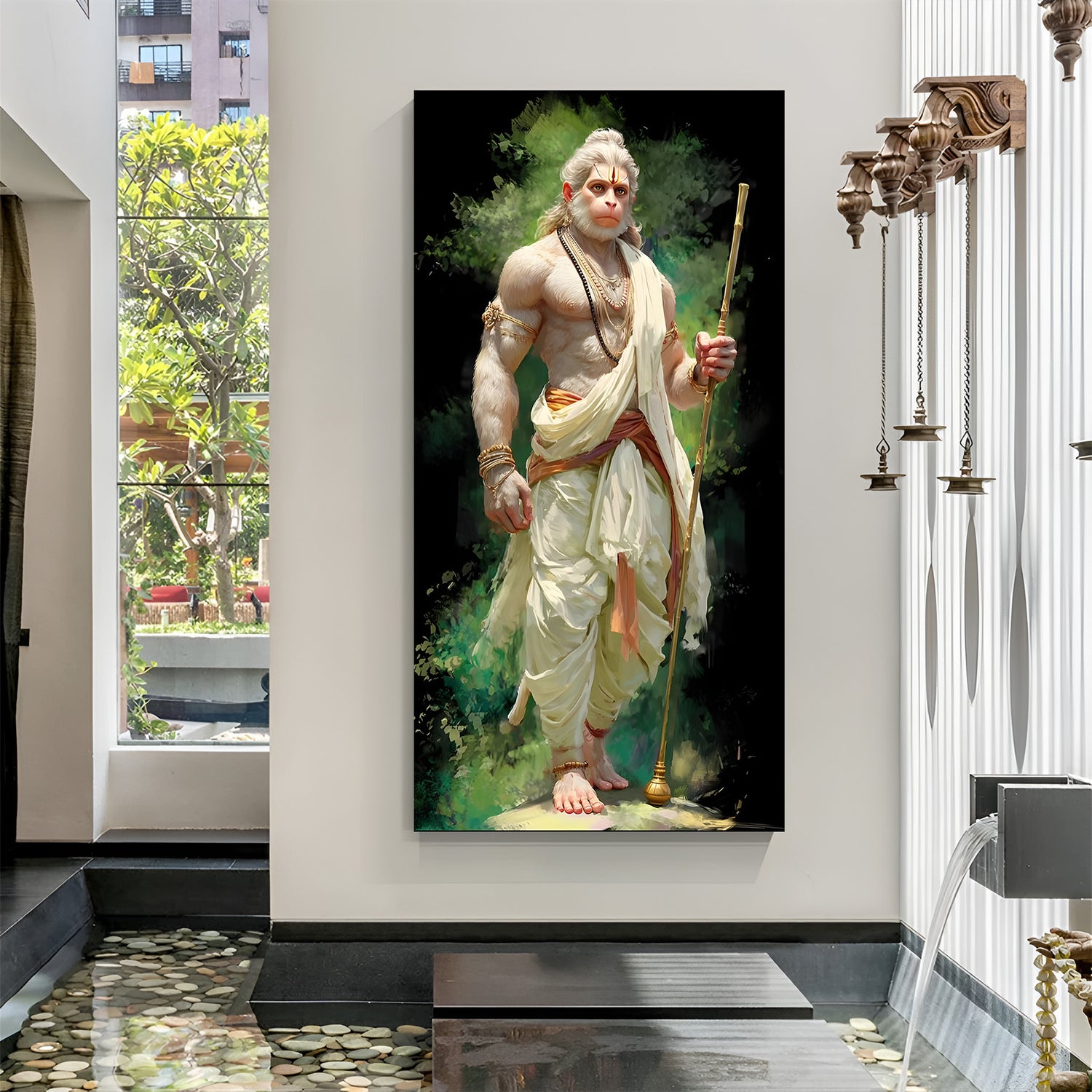 Standing Hanuman Ji wall art holding mace in powerful vertical canvas format.