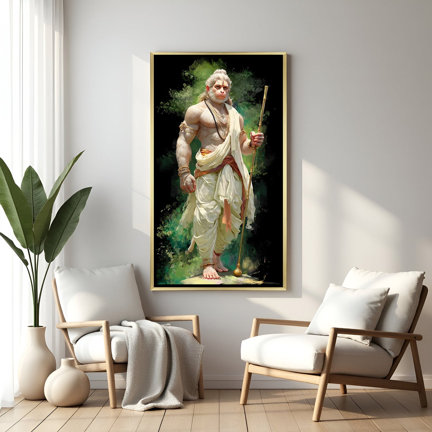 Premium Hanuman Ji warrior wall art in golden frame with dramatic background.