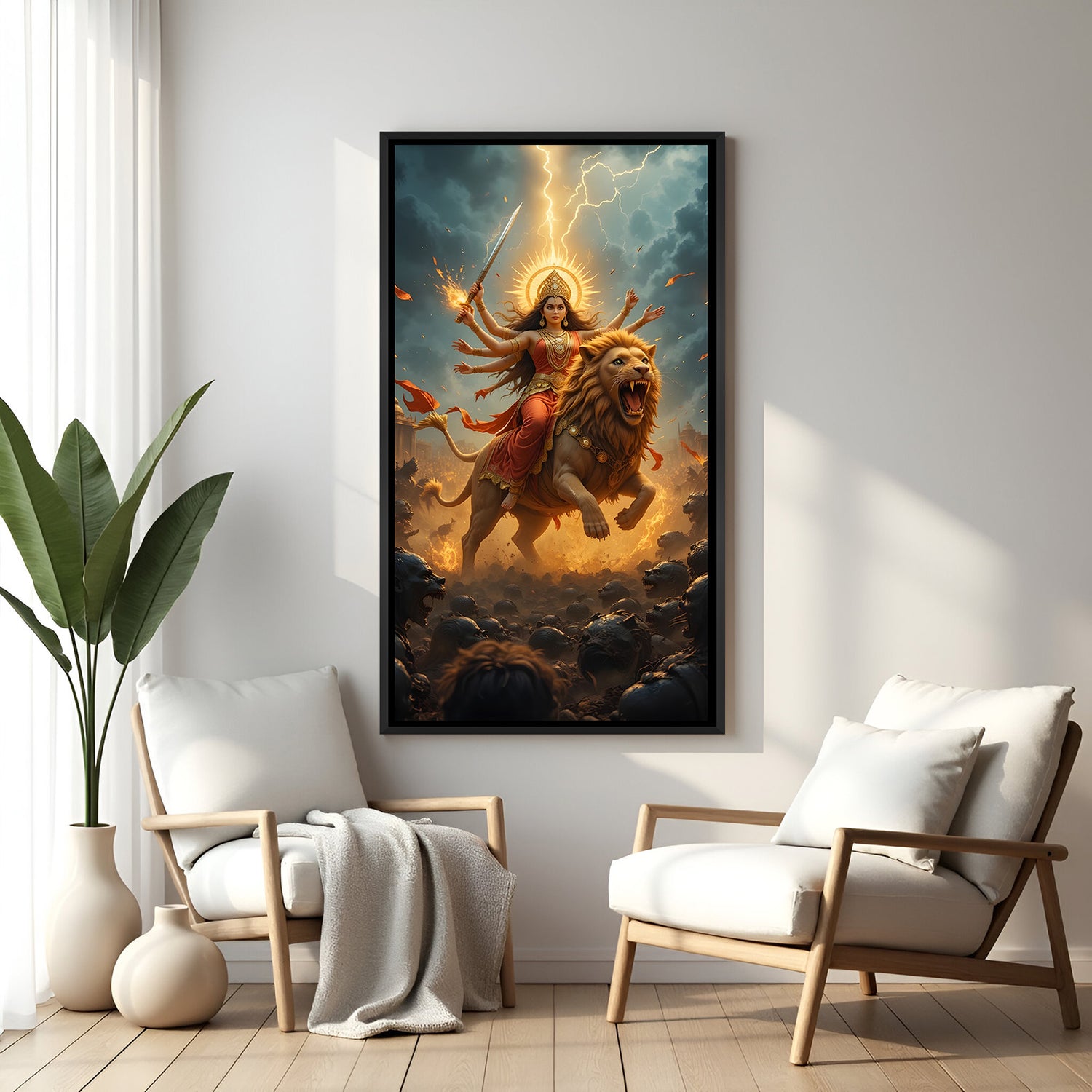 Sherawali Maa fierce divine wall painting in black floater frame with roaring lion