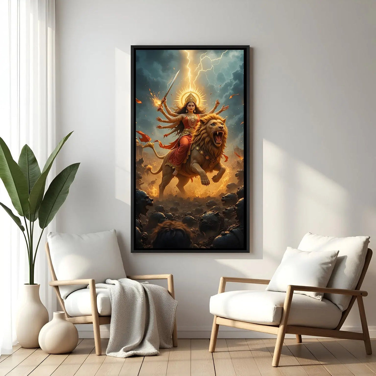 Sherawali Maa fierce divine wall painting in black floater frame with roaring lion