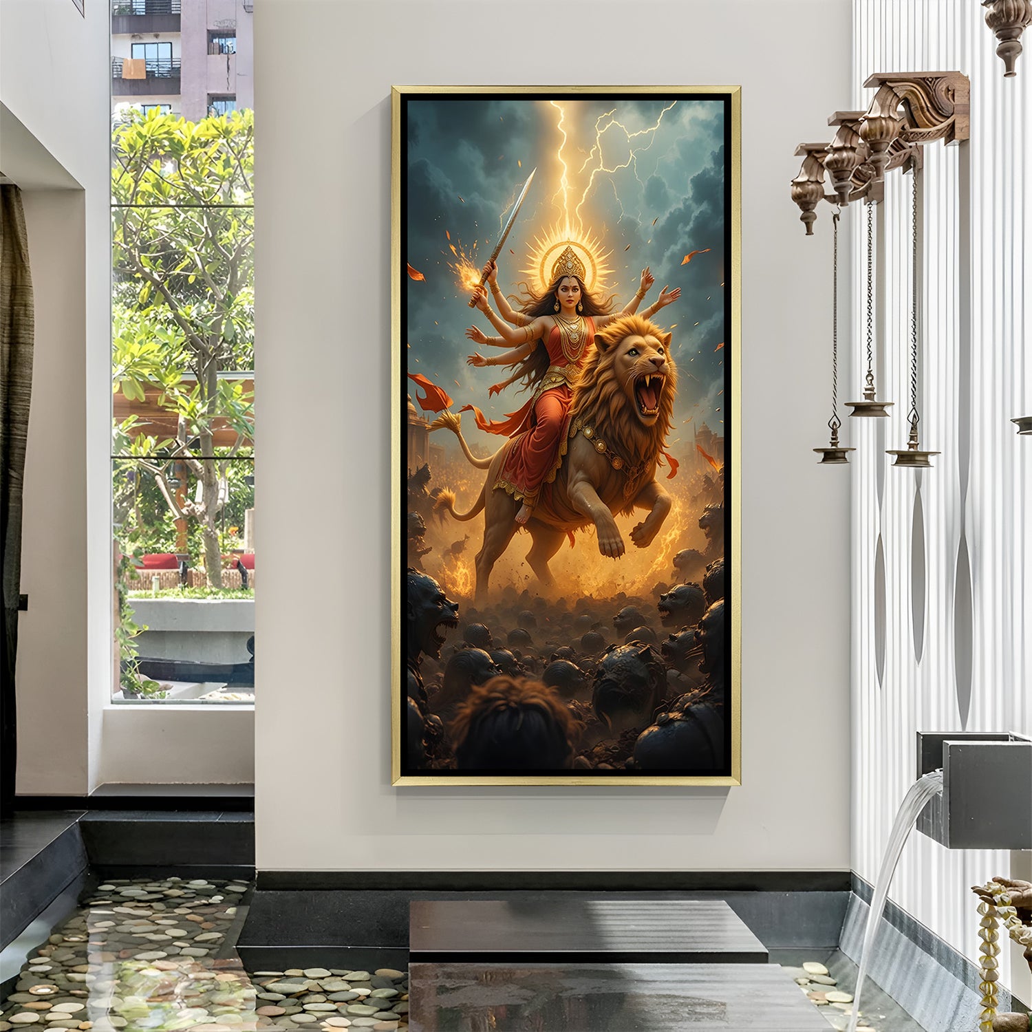 Sherawali Maa luxury spiritual artwork in golden floater frame with dramatic battlefield scene