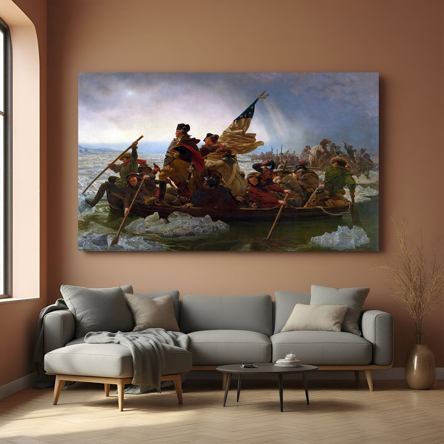 Vintage canvas painting of Washington Crossing the Delaware—historic American wall art with aged look and classic detail