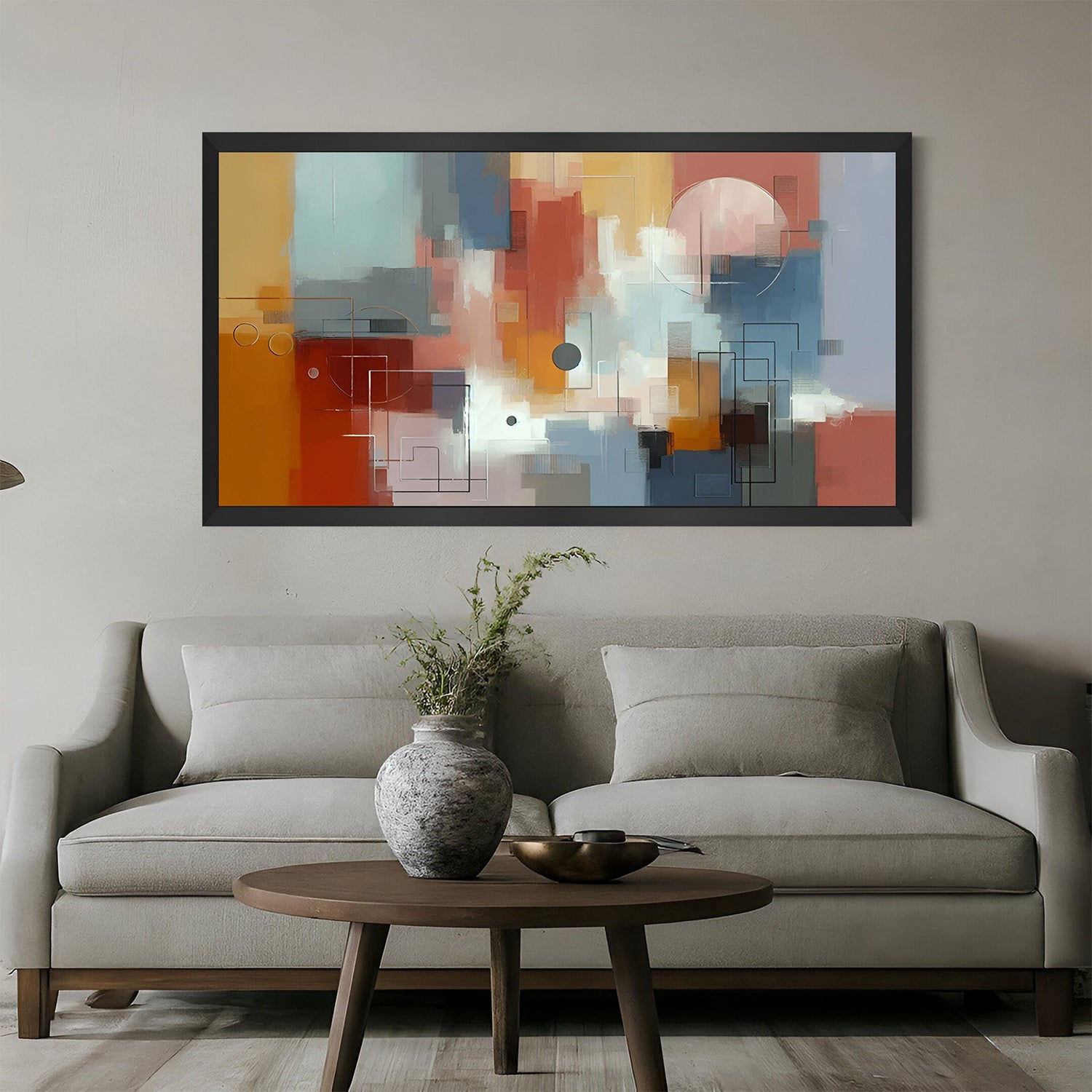 Framed canvas print of abstract watercolor art featuring random geometric shapes in soft tones