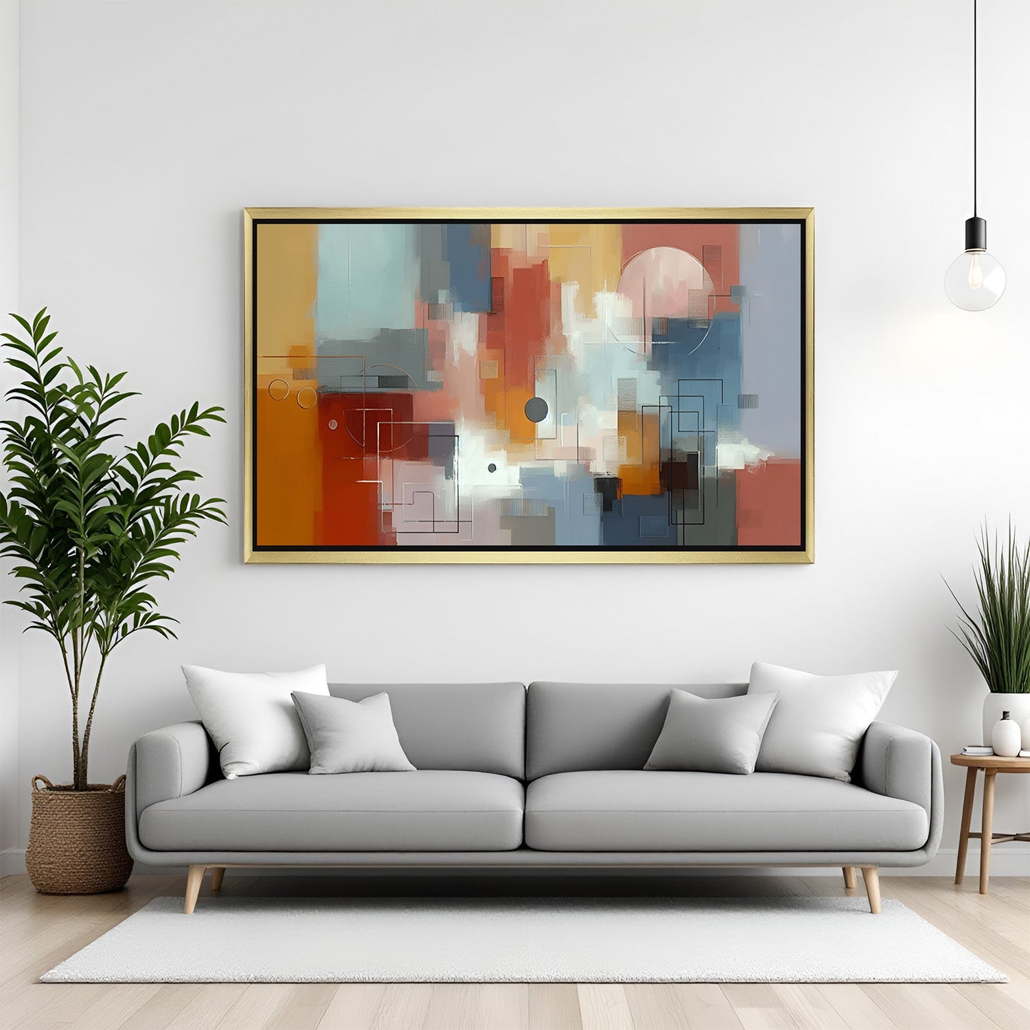Golden framed abstract art with watercolor effect and overlapping circle and square forms – perfect for elegant interiors