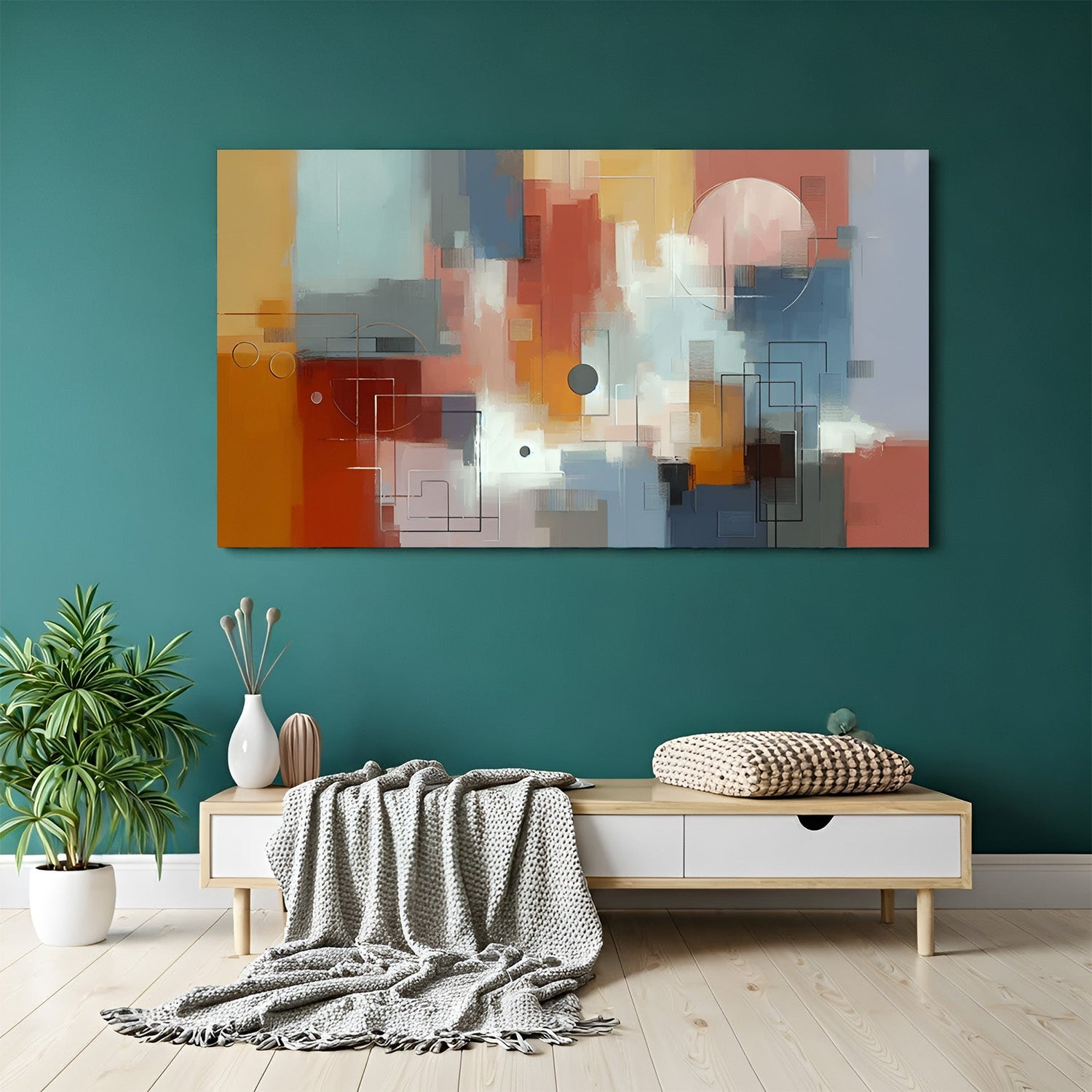 Watercolor canvas wall art with soft circle and square shapes – abstract geometric design for modern decor