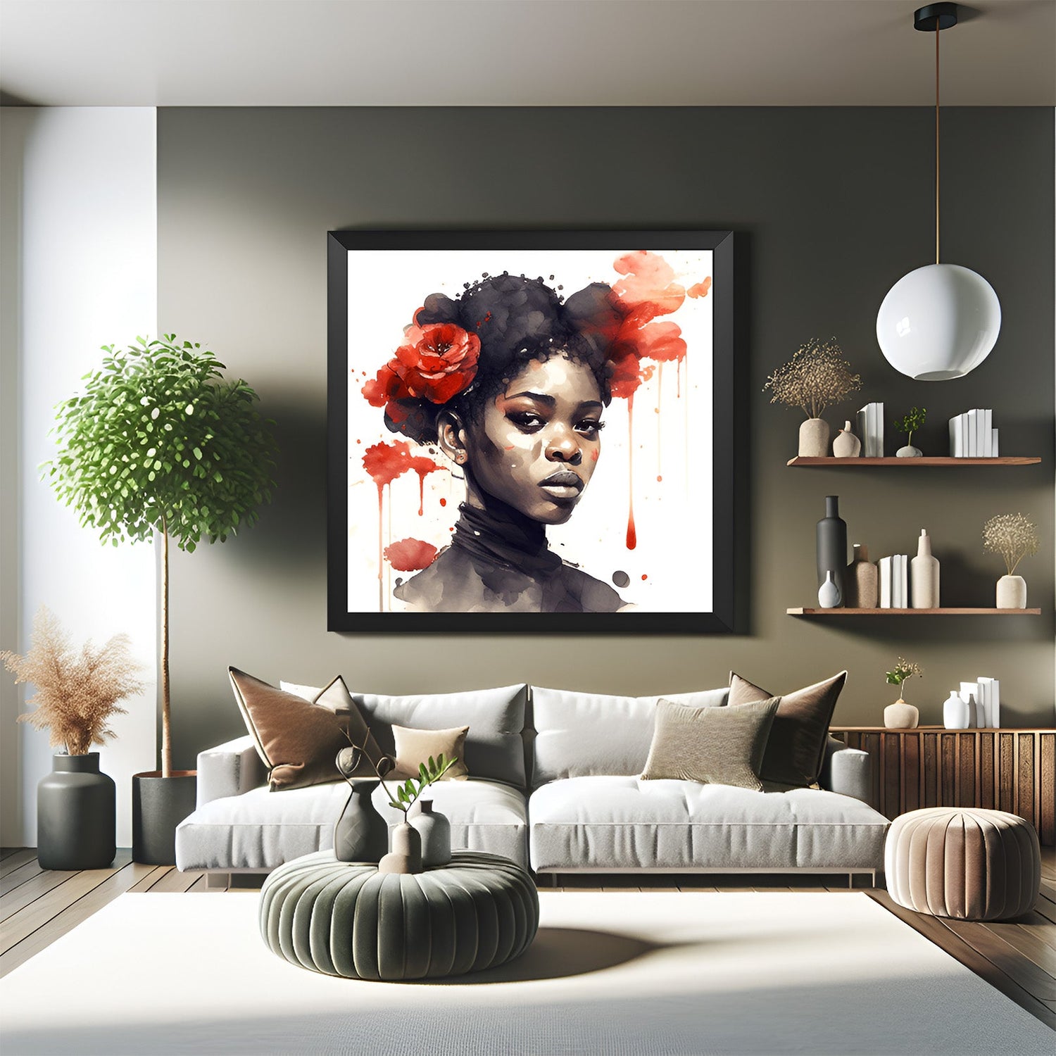 Framed canvas of African girl's portrait with watercolor brushstrokes in black floater frame, ideal for modern and artistic home decor