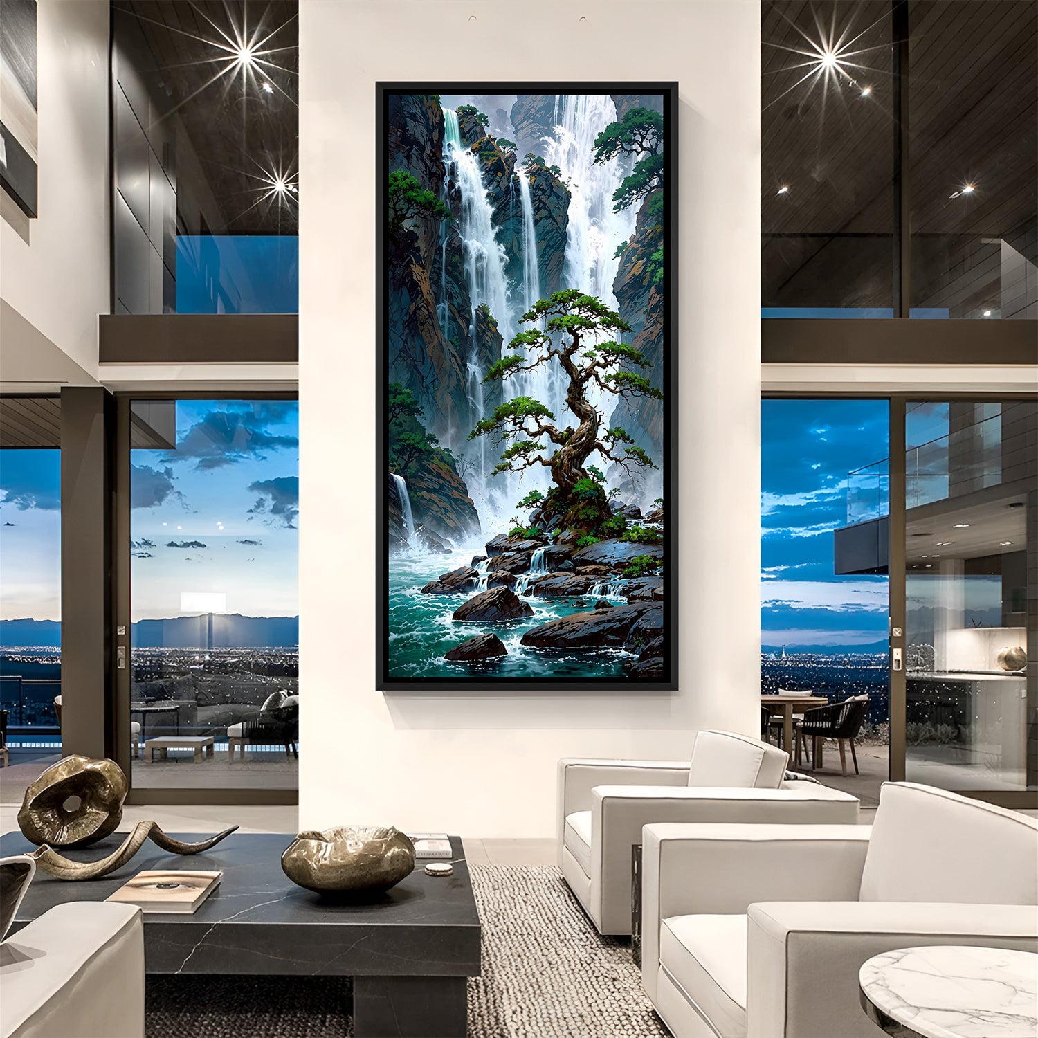 elegant waterfall wall art in black floater frame enhancing peace stability and nature-inspired ambience in living room