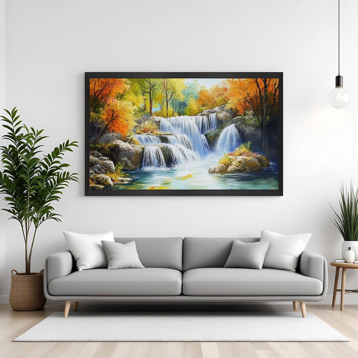 Waterfall canvas painting in black floater frame for modern Vastu home and calm office decor