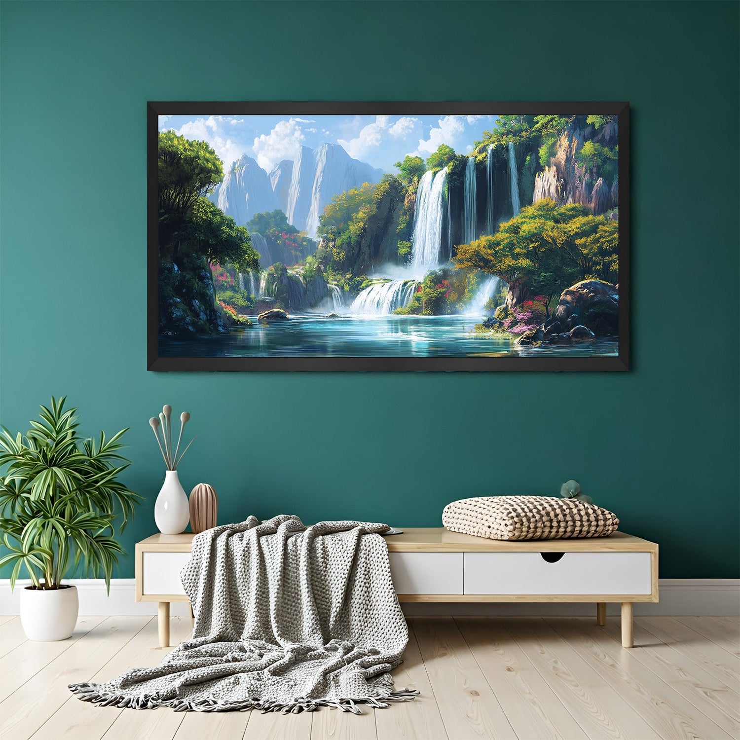 Waterfall vastu canvas in golden floater frame for attracting prosperity, peaceful vibes, and vastu alignment in home or workspace