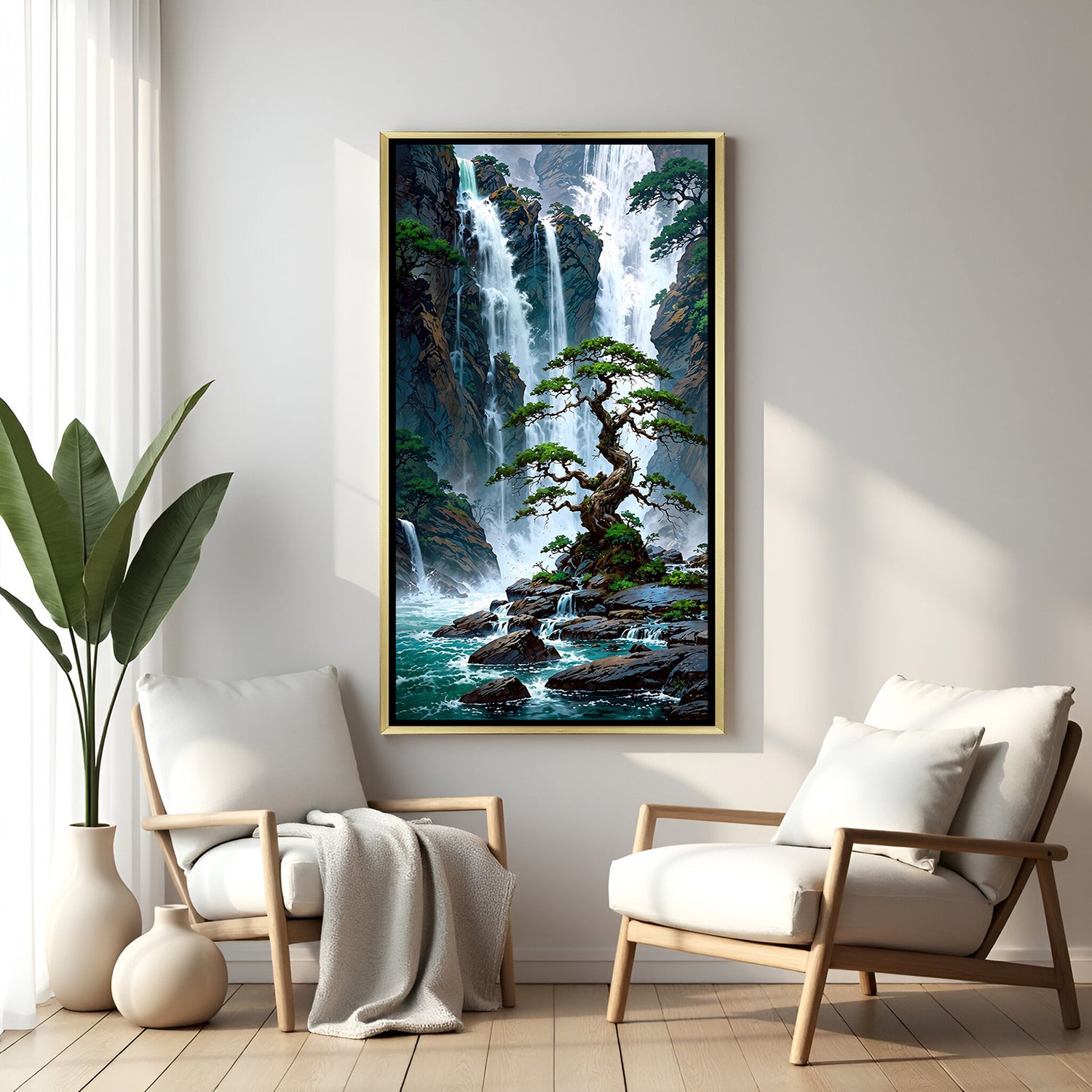 premium golden framed waterfall canvas artwork representing abundance emotional peace and vastu harmony for home