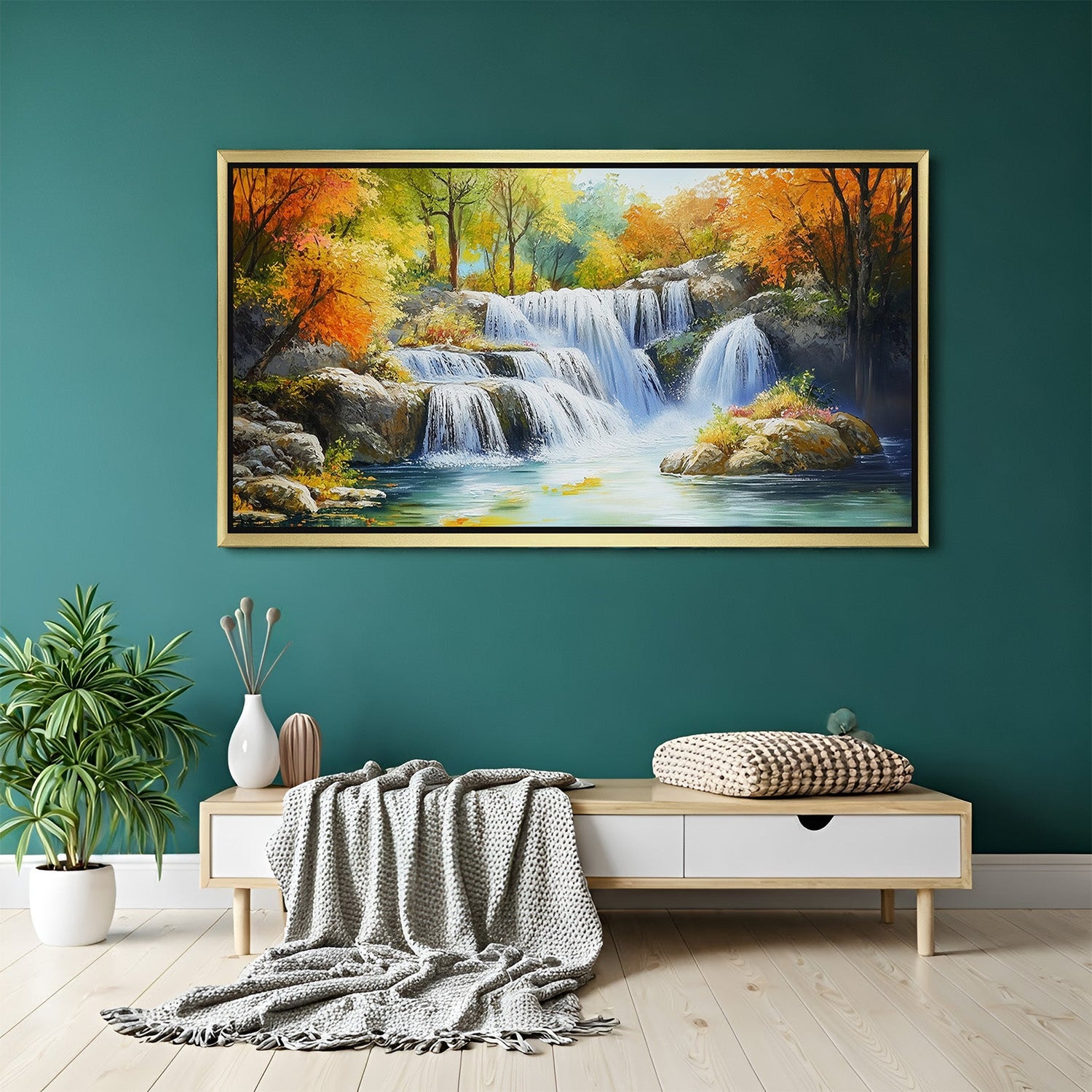 Golden frame waterfall canvas wall art for fresh, positive Vastu decor in home and office interiors