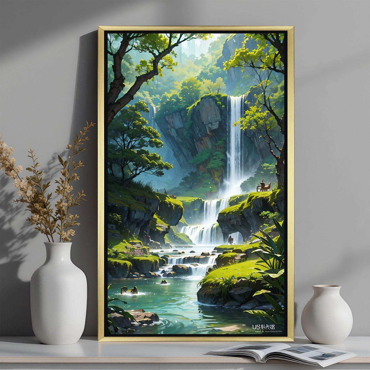 Waterfall vastu canvas in golden floater frame for elegant home or office spaces, enhancing wealth flow and visual appeal with vastu energy
