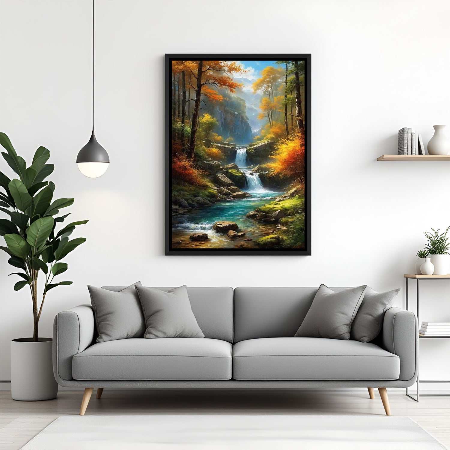 Hand-painted canvas wall art of water flowing in a lush green forest, with trees and nature scenery, in black floater frame, perfect for Vastu and nature-inspired decor