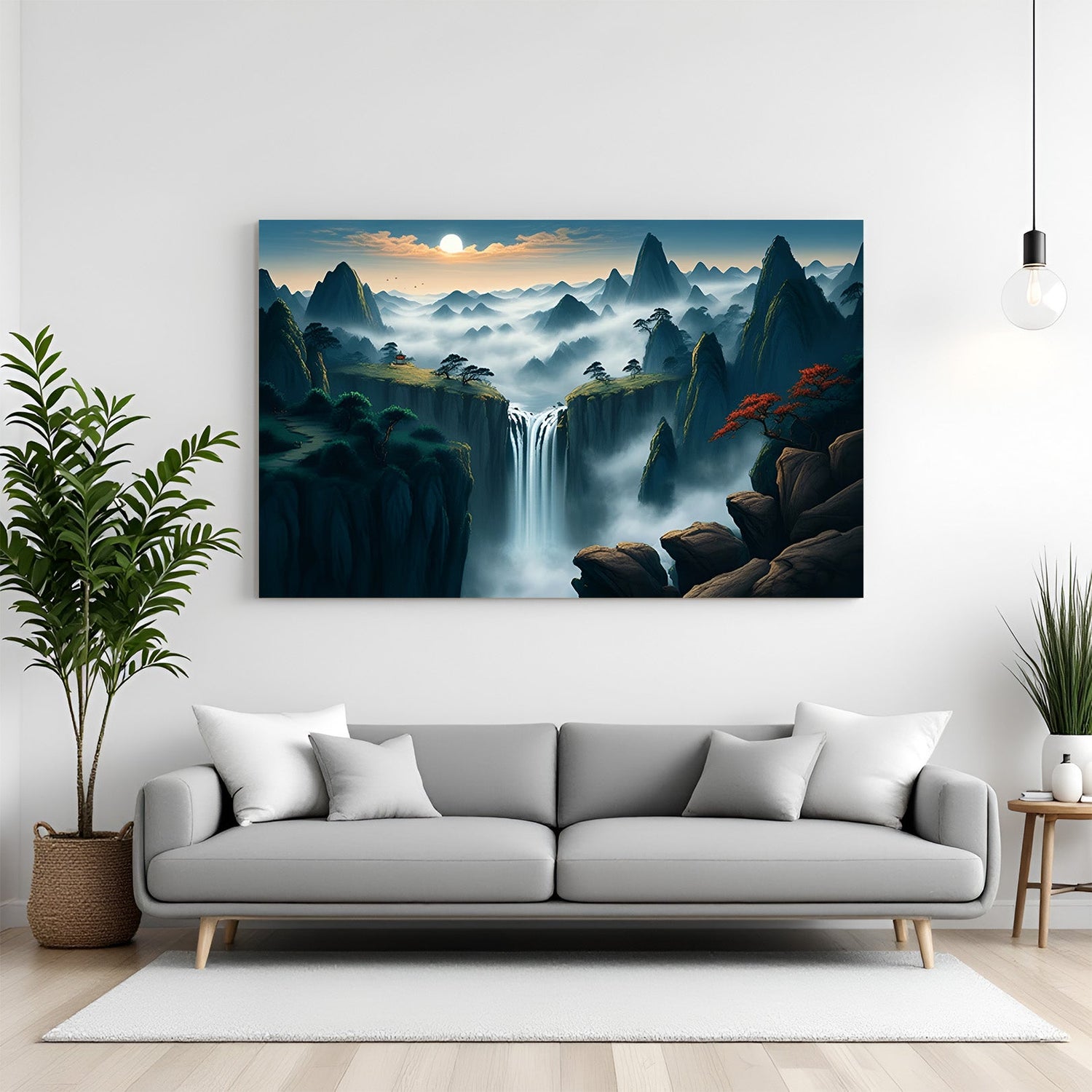 Waterfall scenery canvas wall art showing a cloudy mountain view with cascading water from above, ideal for bold and moody modern wall decor