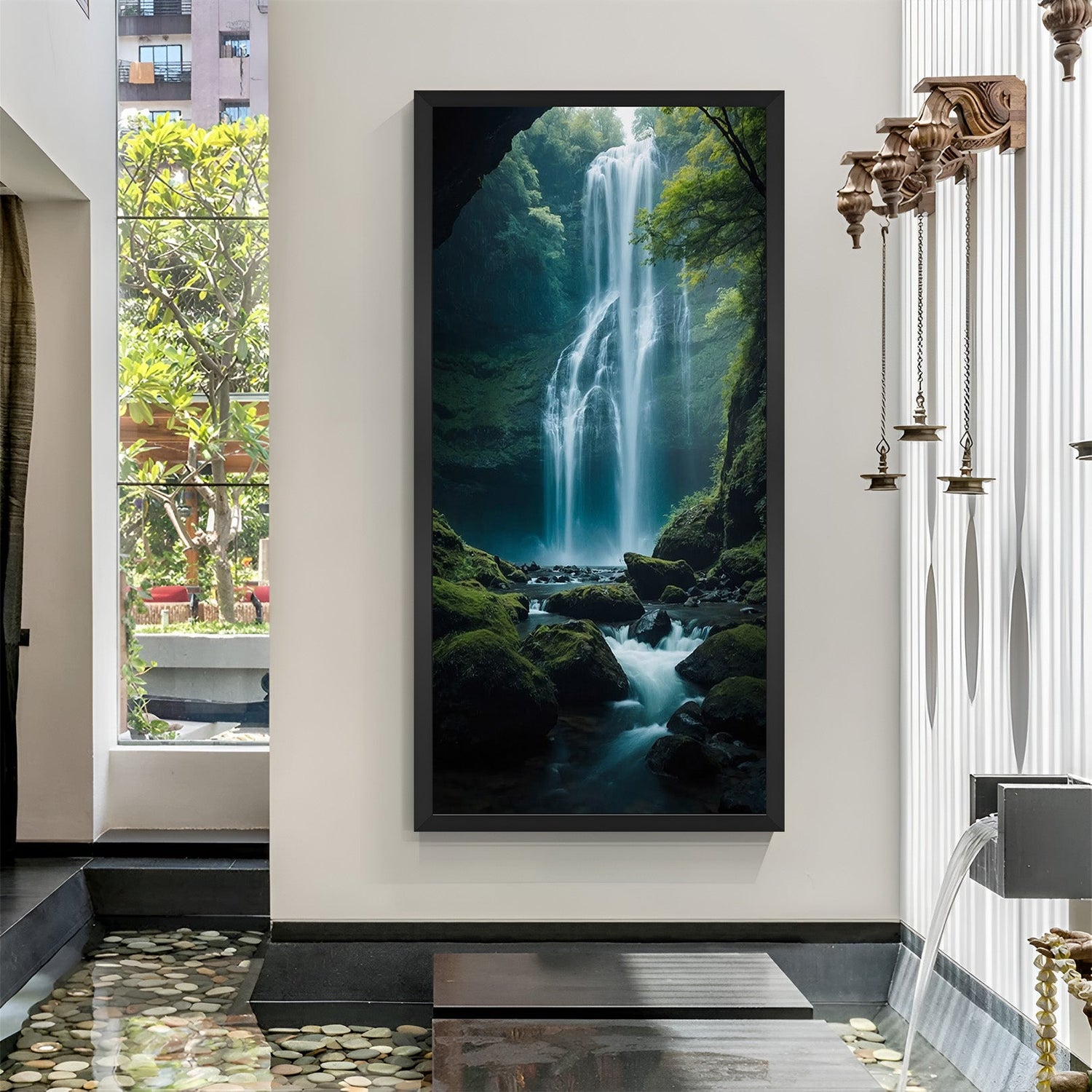 Waterfall Canvas Painting in black floater frame for peaceful Vastu wall decor in home or office interiors