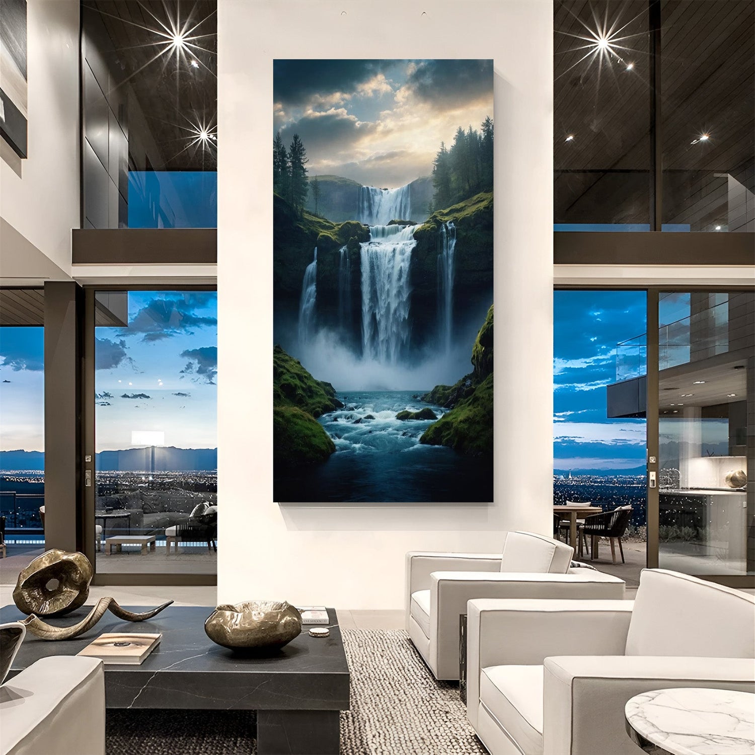 waterfall vastu canvas wall art for hotels and cafes to attract prosperity, calm energy, and positive decor