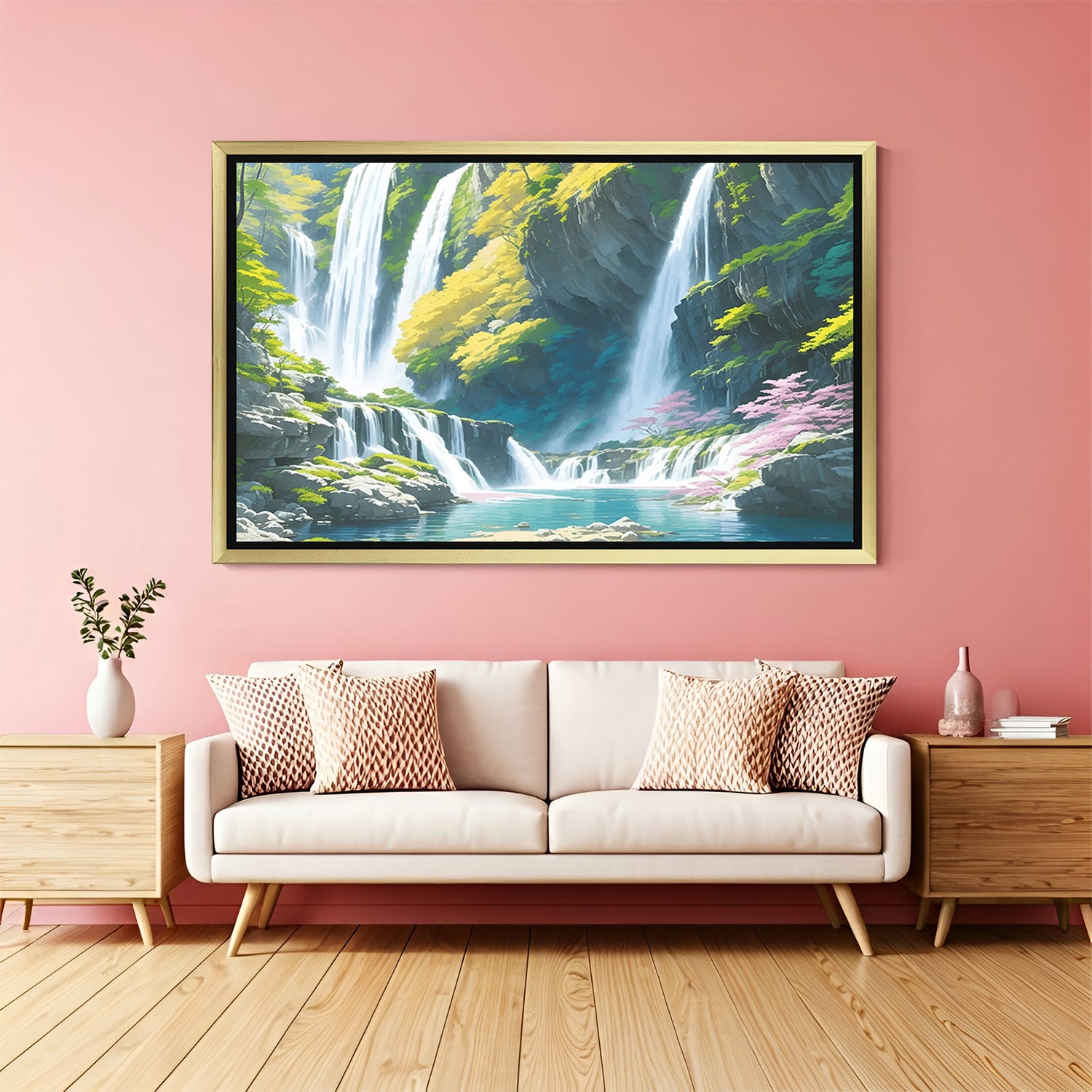 Waterfall Vastu Painting in Golden Floater Frame | Canvas Wall Art for Prosperity