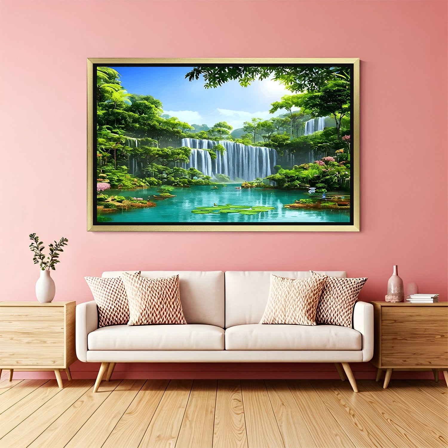 Golden frame waterfall Vastu painting for elegant bedroom decor and positive energy enhancement