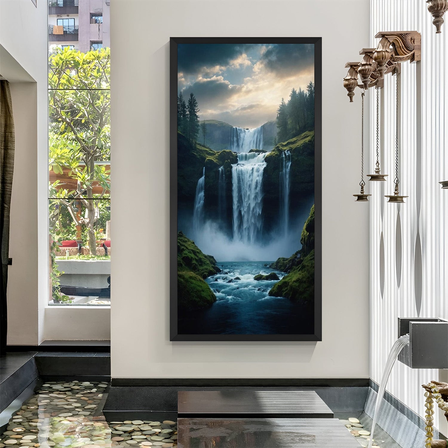 waterfall vastu canvas painting in black floater frame for hotel cafe wall decor to enhance ambience and energy