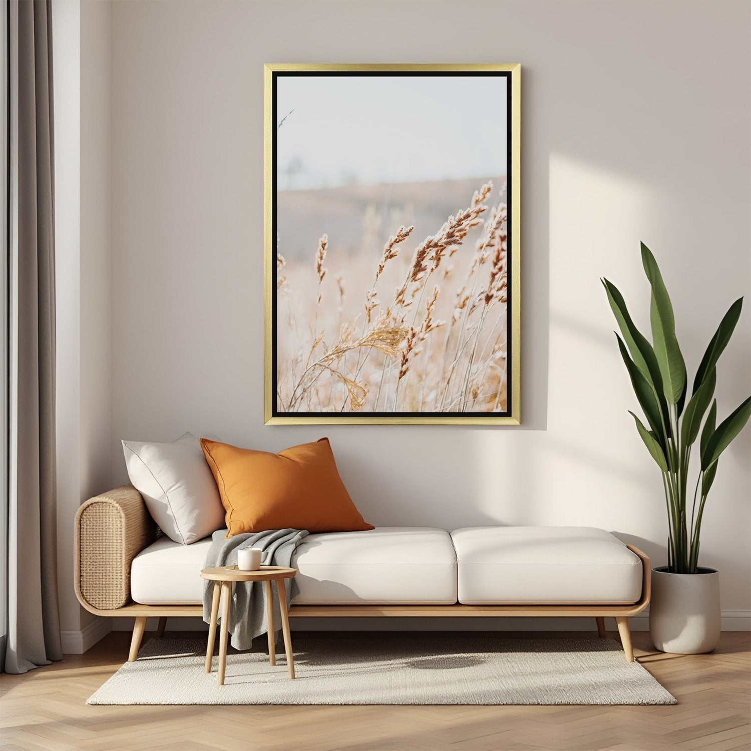 Golden wheat crop landscape wall art in golden floater frame, blending earthy tones with elegance for farmhouse or countryside decor