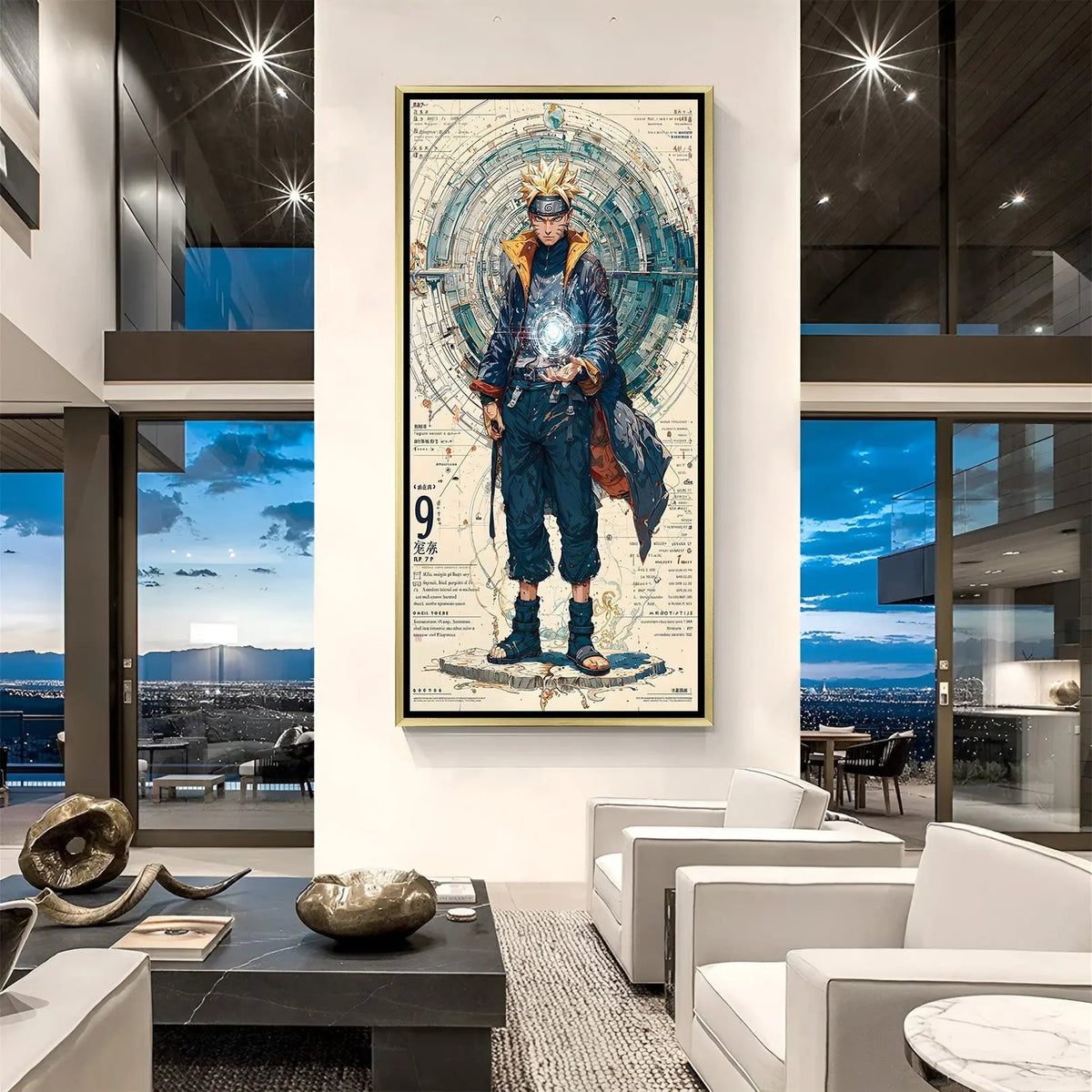 Luxury Naruto Rasengan canvas artwork in golden floater frame with vibrant anime action design