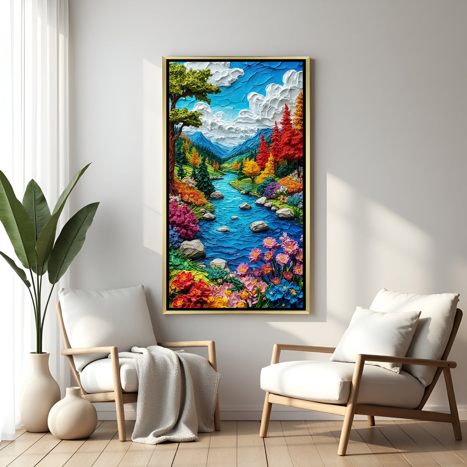 Luxury vertical nature wall art in gold floater frame showing bright floral foreground and mountain river scenery.