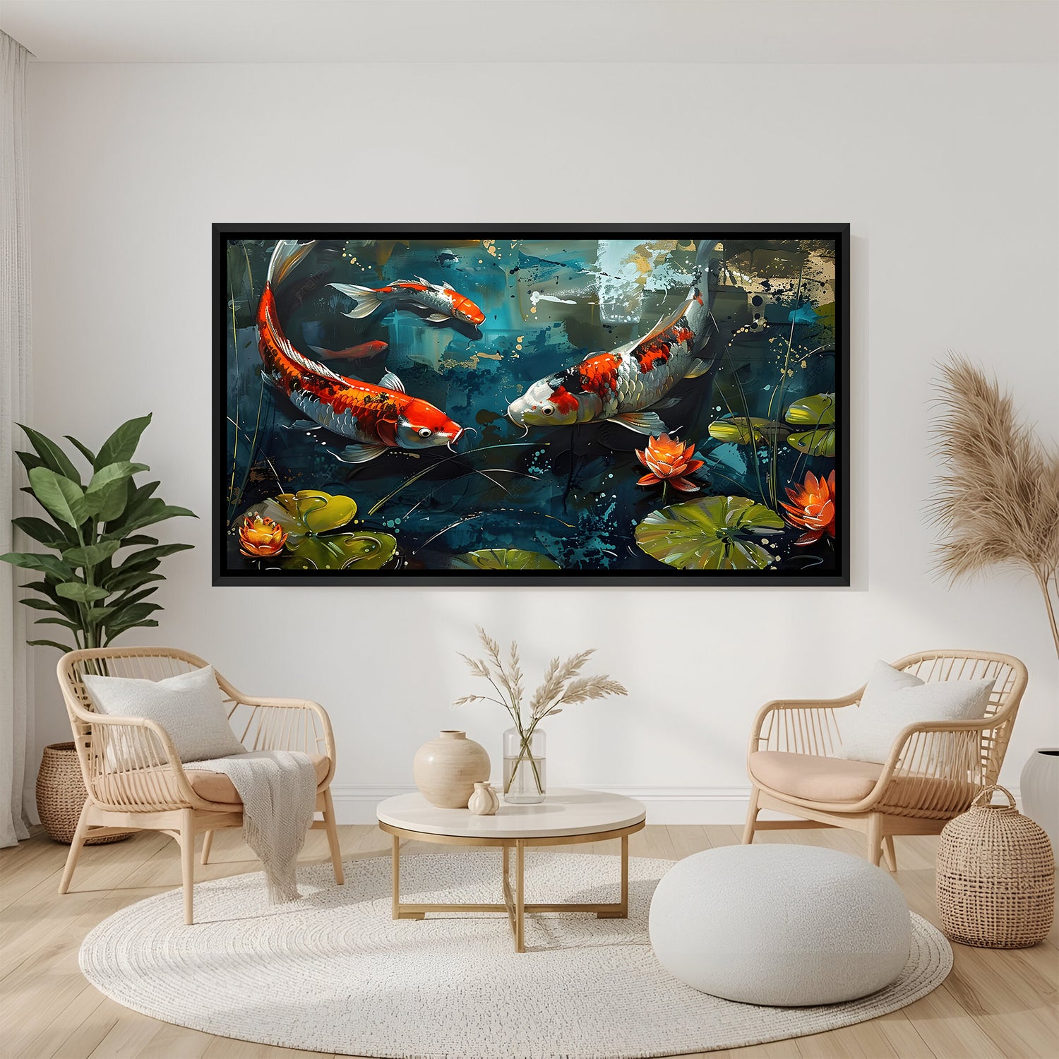 Peaceful koi pond wall art with colorful carp and water lilies in elegant black floater frame