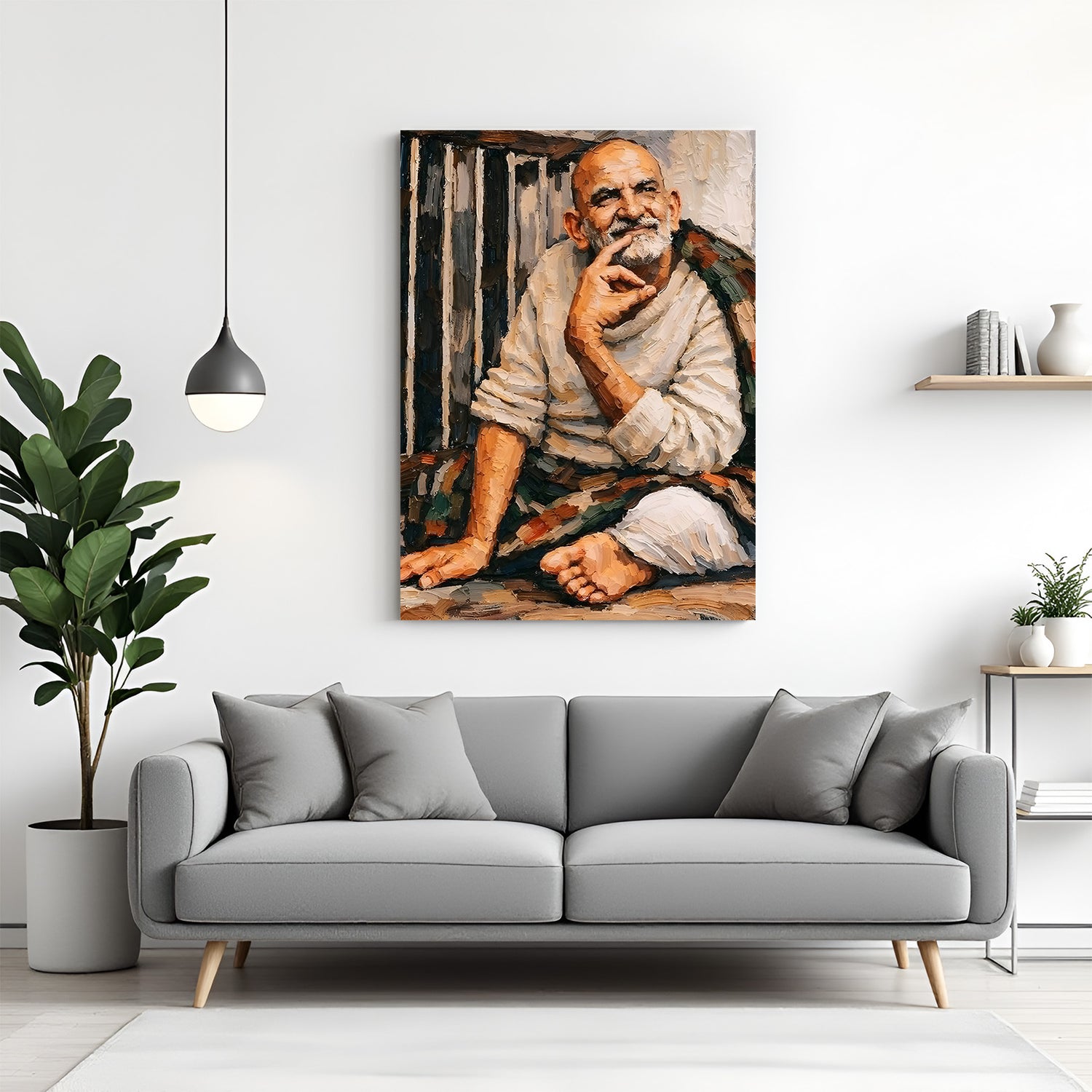 Neem Karoli Baba seated in a thoughtful and reflective posture in premium canvas wrapped frame